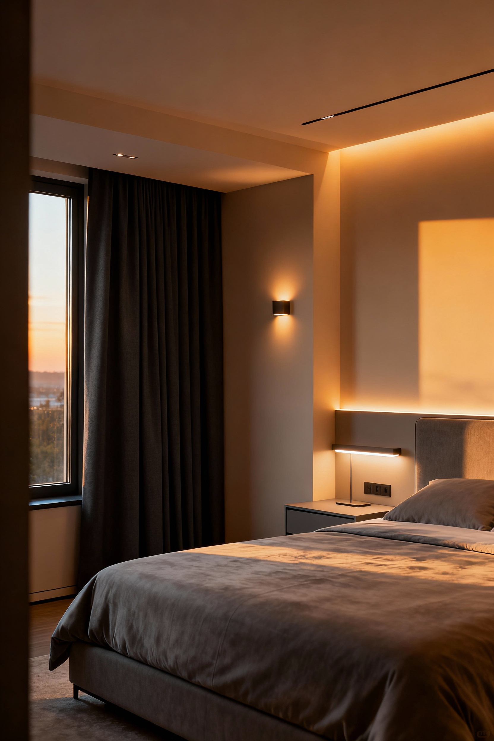 Luxury bedroom featuring an advanced circadian lighting system, warm dim lighting, plush king-size bed, sleek nightstands, and elegant blackout drapes for optimal chronobiological equilibrium and sleep.