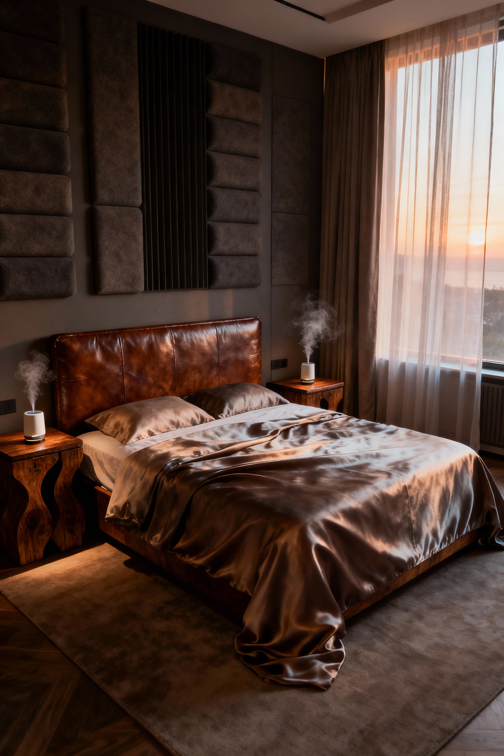A serene luxury bedroom featuring an organic silk bed, heirloom timber nightstands, leather headboard, and soft ambient lighting, designed for personalized well-being.