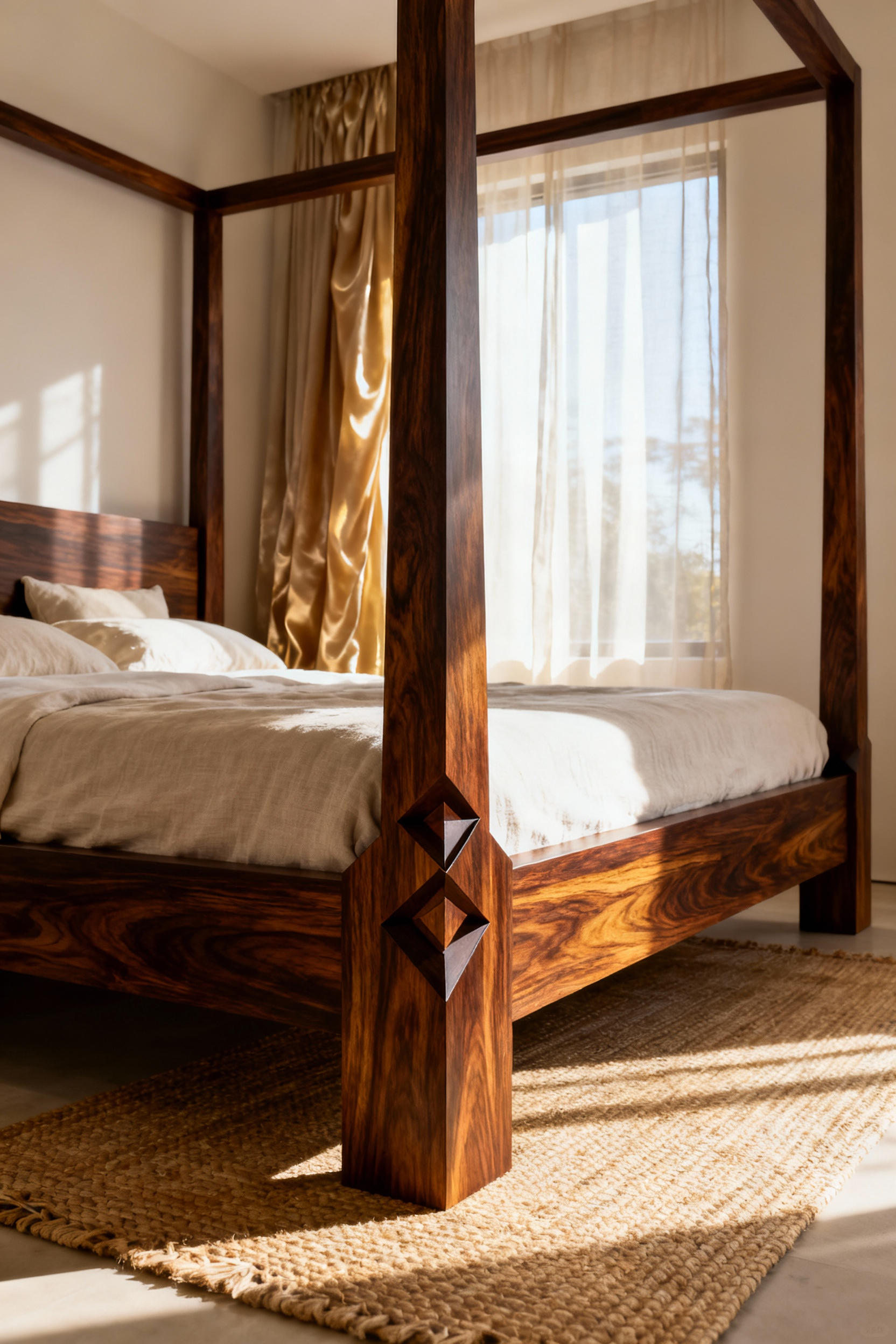 A luxurious four-poster bed made of dark African Wenge exotic wood, featuring intricate dovetail joinery in a sunlit bedroom setting, emphasizing structural integrity and craftsmanship.