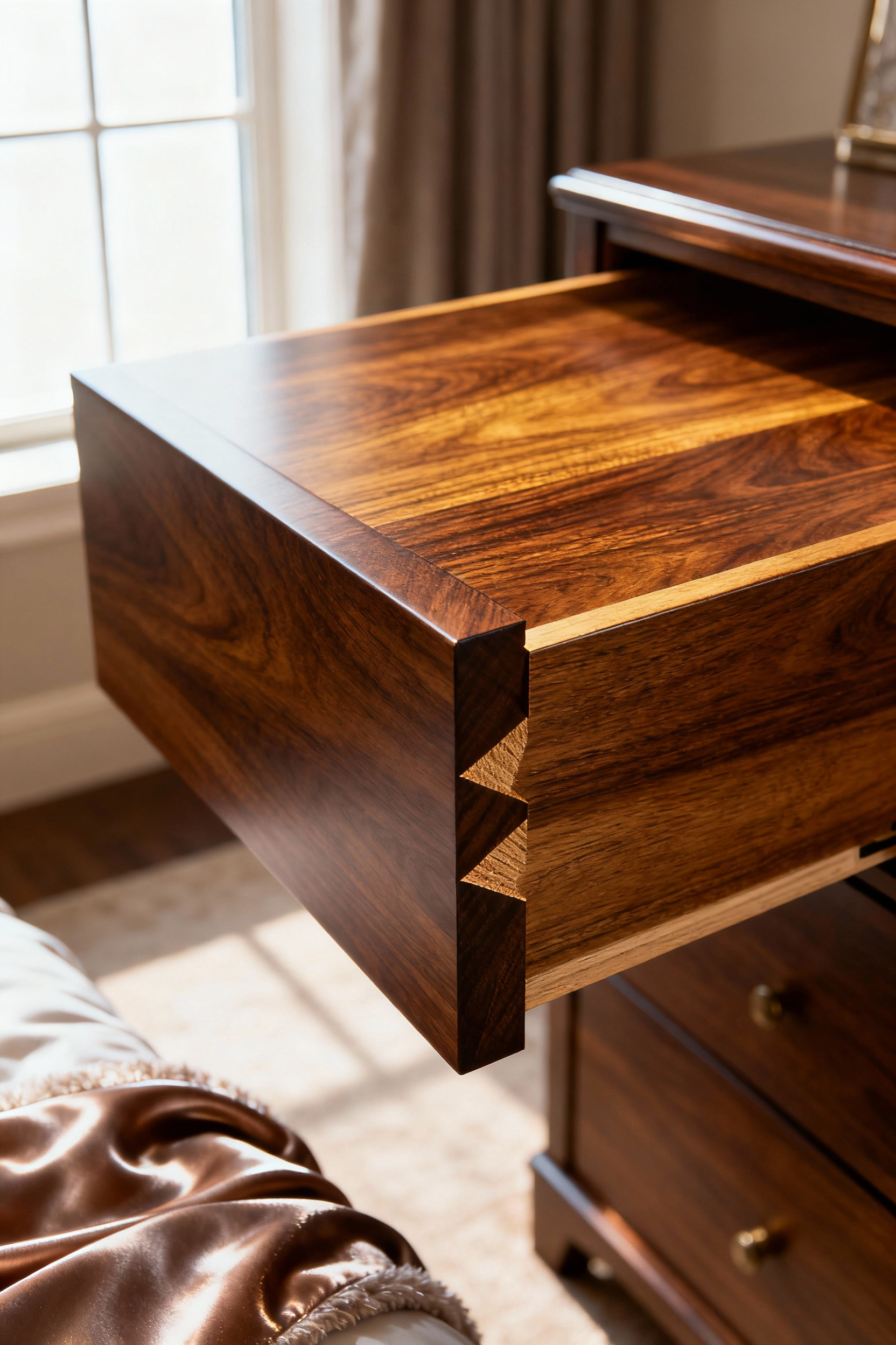 Close-up of a precisely cut dovetail joint on a luxury dark walnut dresser, showcasing hand-crafted furniture joinery and high-quality woodworking.