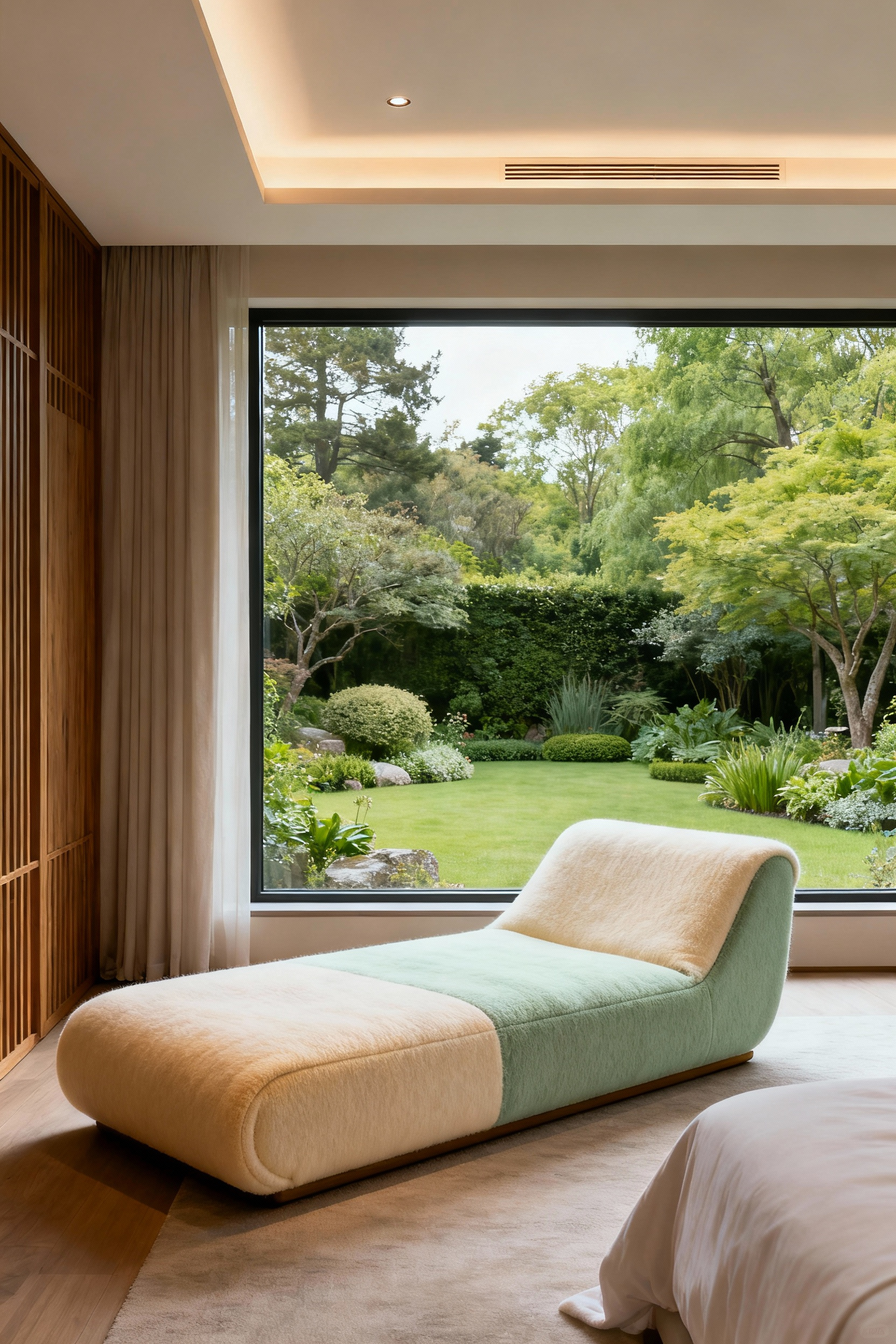 Elegant organic cashmere chaise longue in a minimalist, light-filled luxury bedroom, positioned for meditative contemplation.