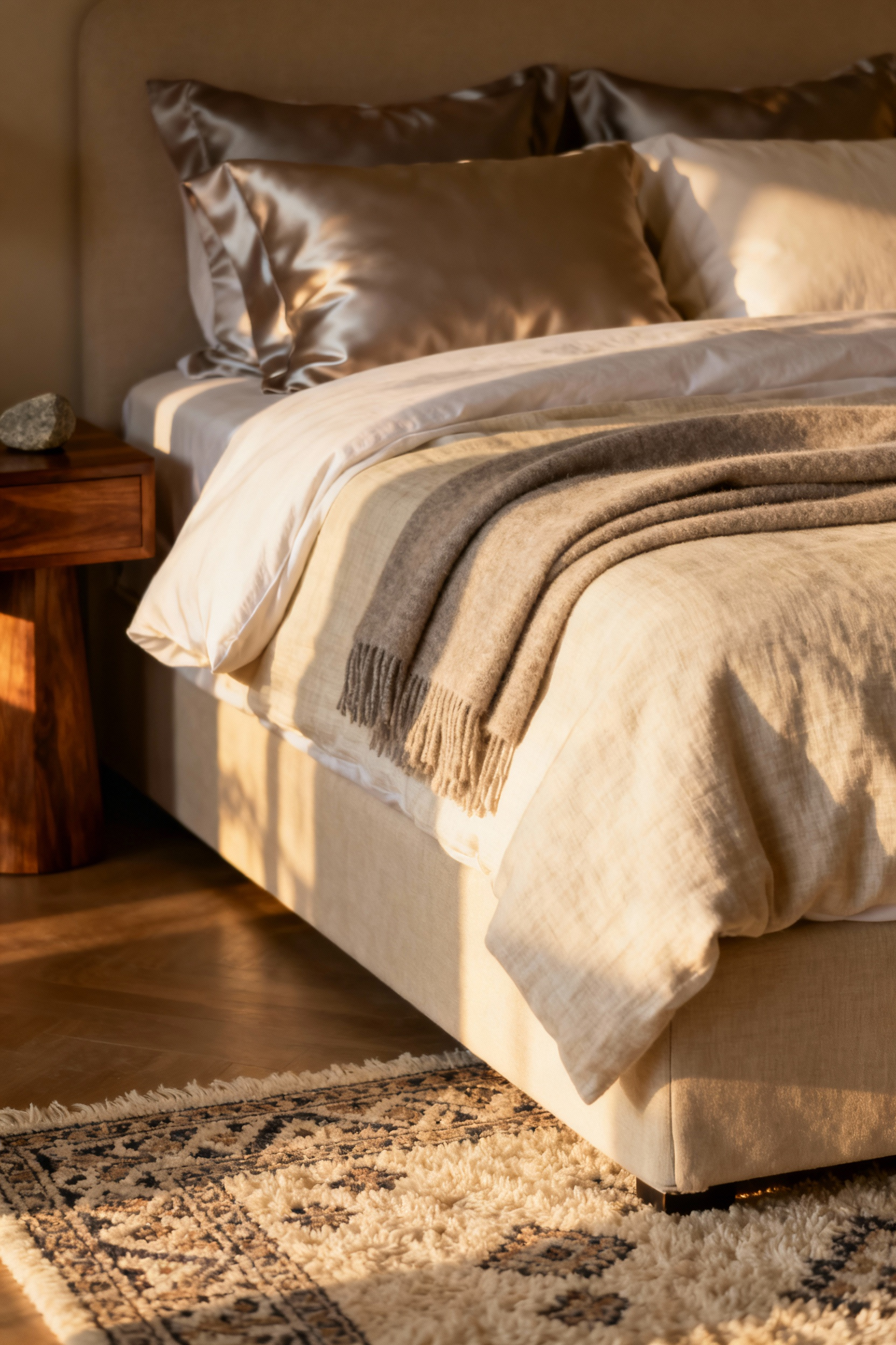 Luxury bedroom showcasing diverse layered textures: soft linen duvet, silk pillows, cashmere throw, wool rug, and polished wood elements under warm natural light.