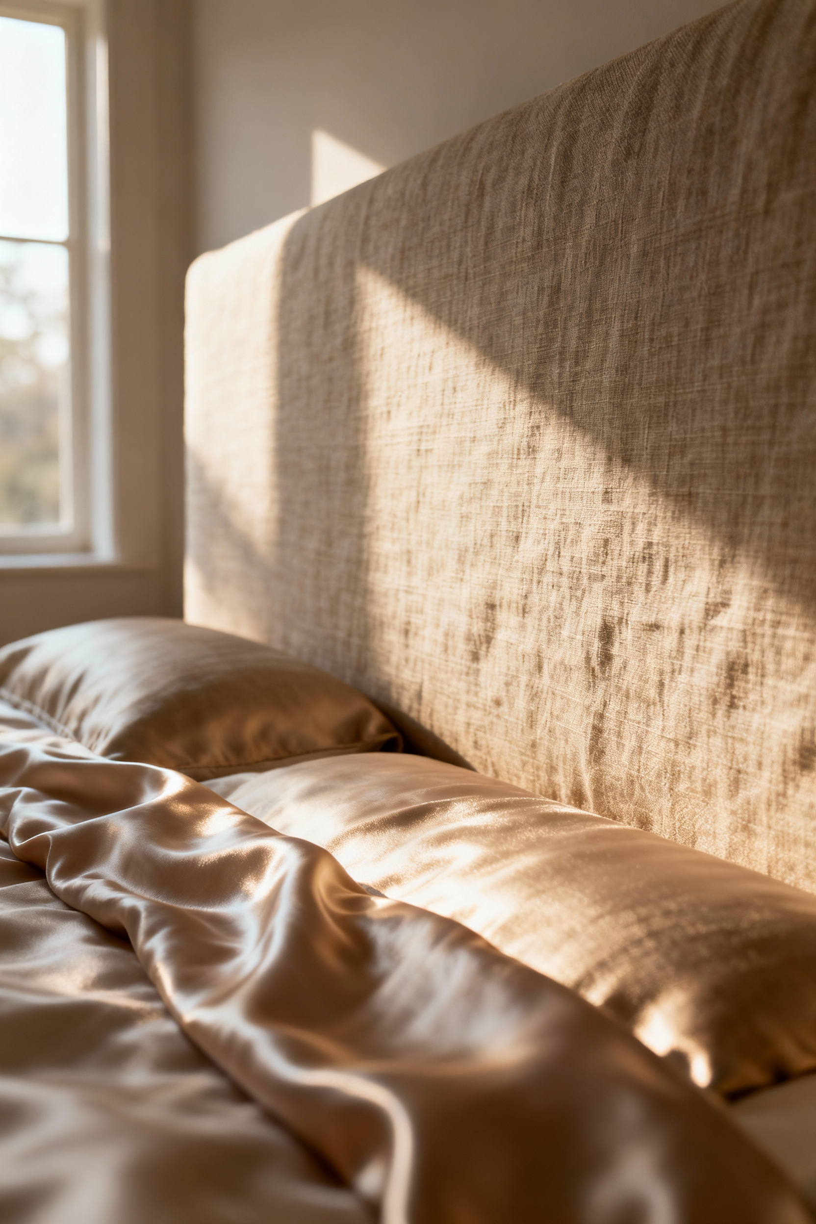 Close-up of a luxurious bedroom headboard upholstered in high-caliber natural fiber, showcasing soft texture and rich weave, bathed in gentle natural light, with a focus on tactile qualities.