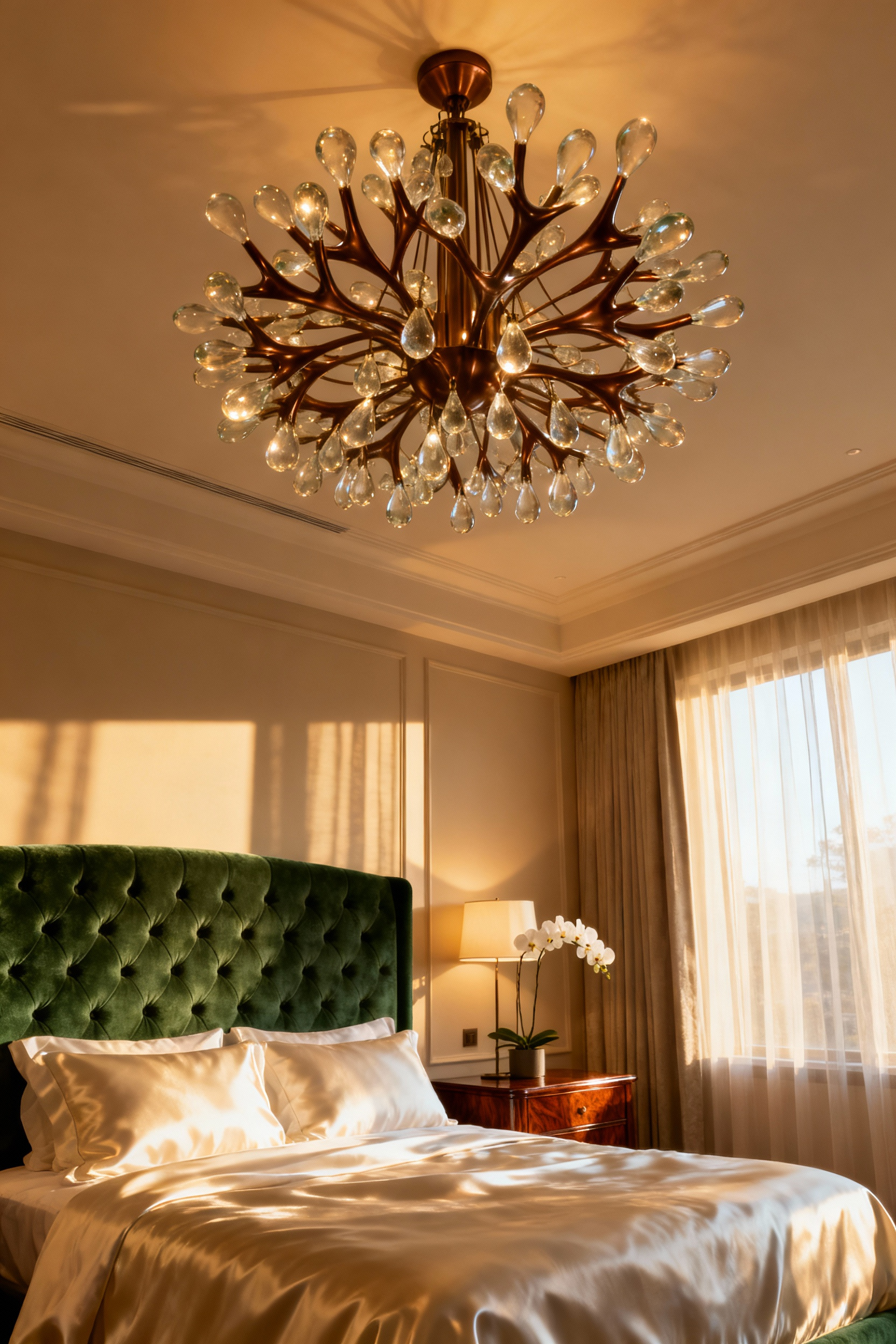A bespoke sculptural chandelier casting a warm, ambient glow in a luxurious modern bedroom, highlighting custom lighting design and serene atmosphere for relaxation.