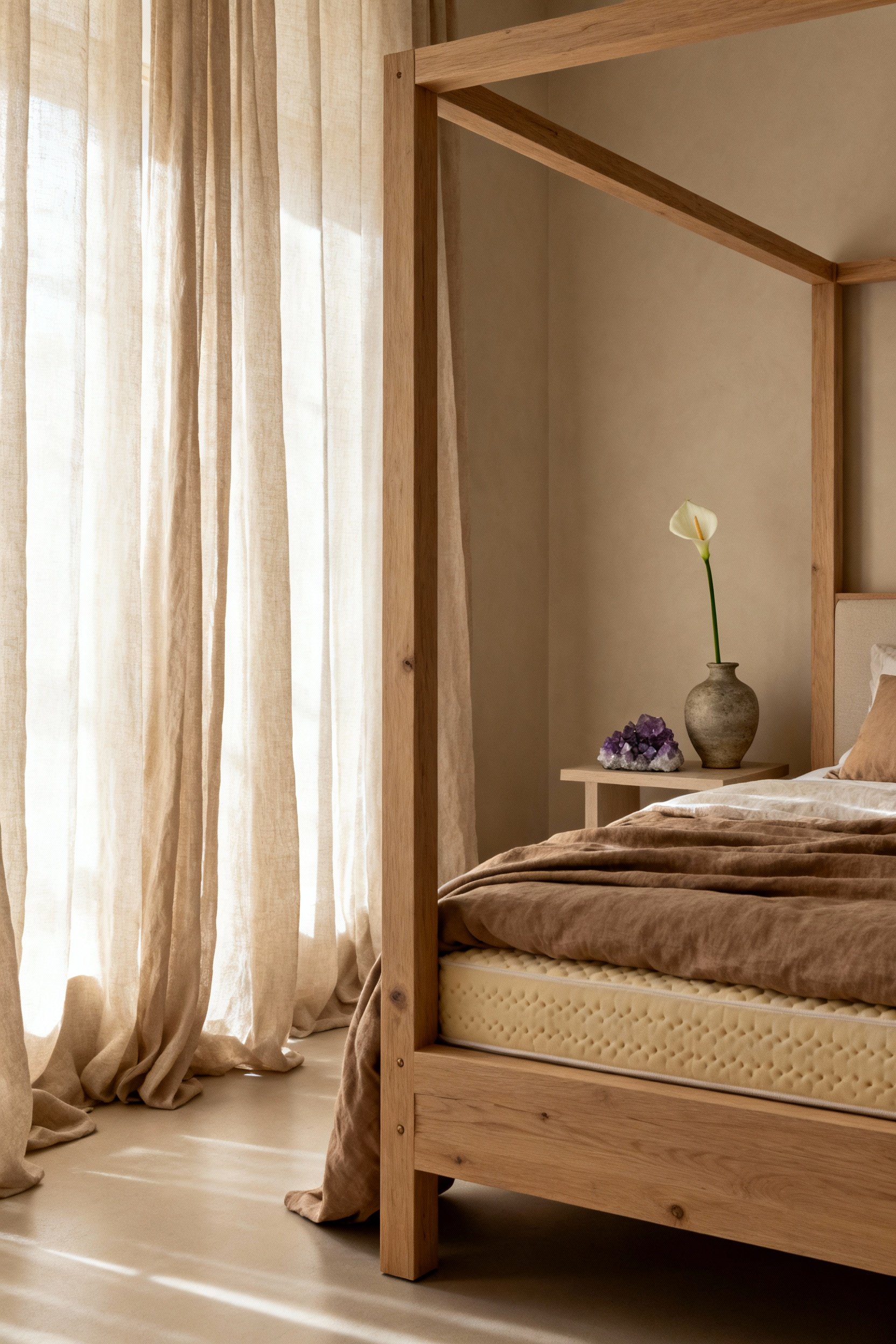 Luxurious bedroom with untreated solid wood bedframe and organic linen bedding, featuring amethyst crystals and a peace lily, reflecting bio-harmonic design and energetic flow for restorative sleep.
