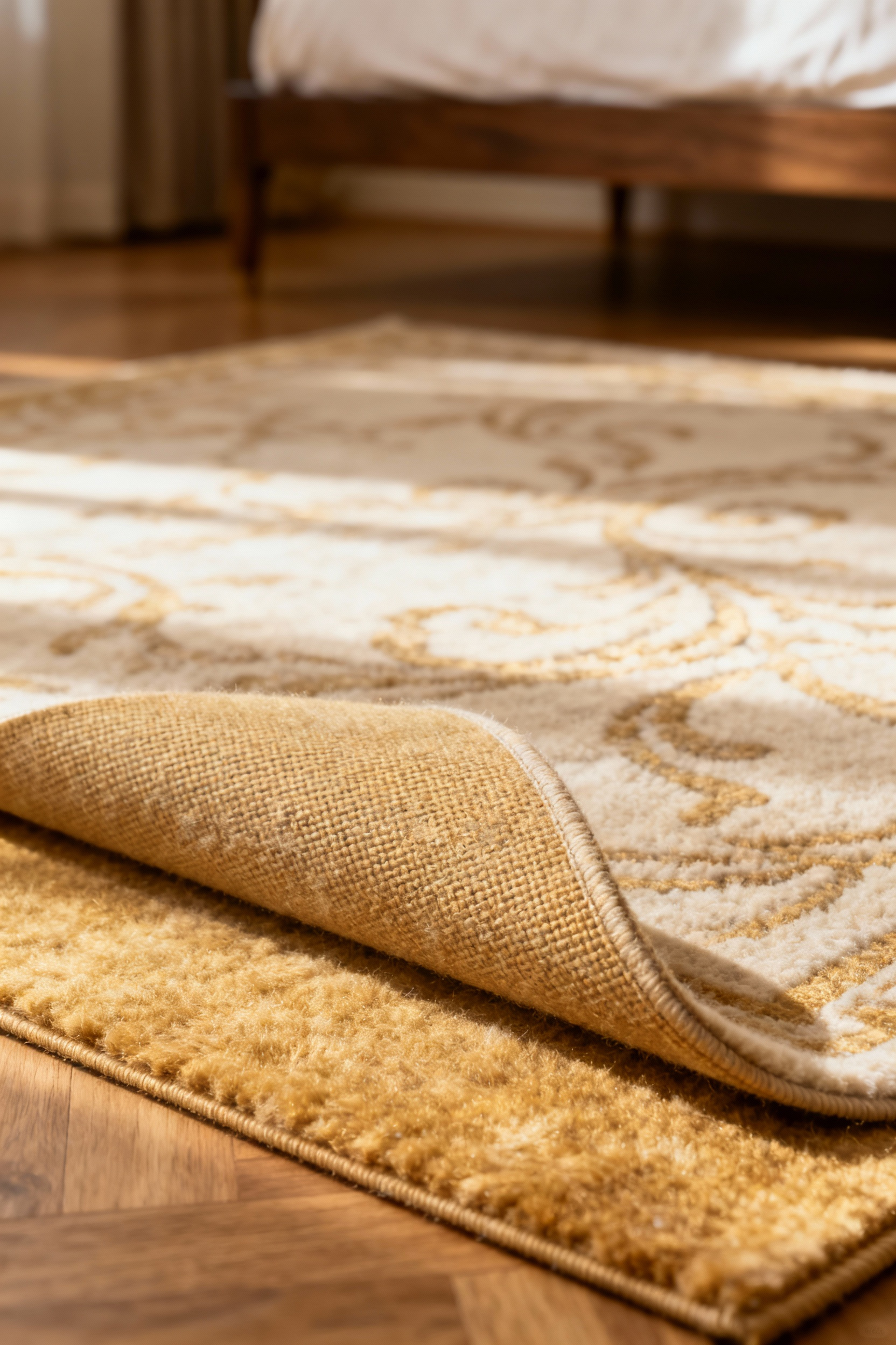 High-quality natural felt rug underlay revealed beneath a luxurious, plush bedroom area rug, emphasizing comfort and stability.