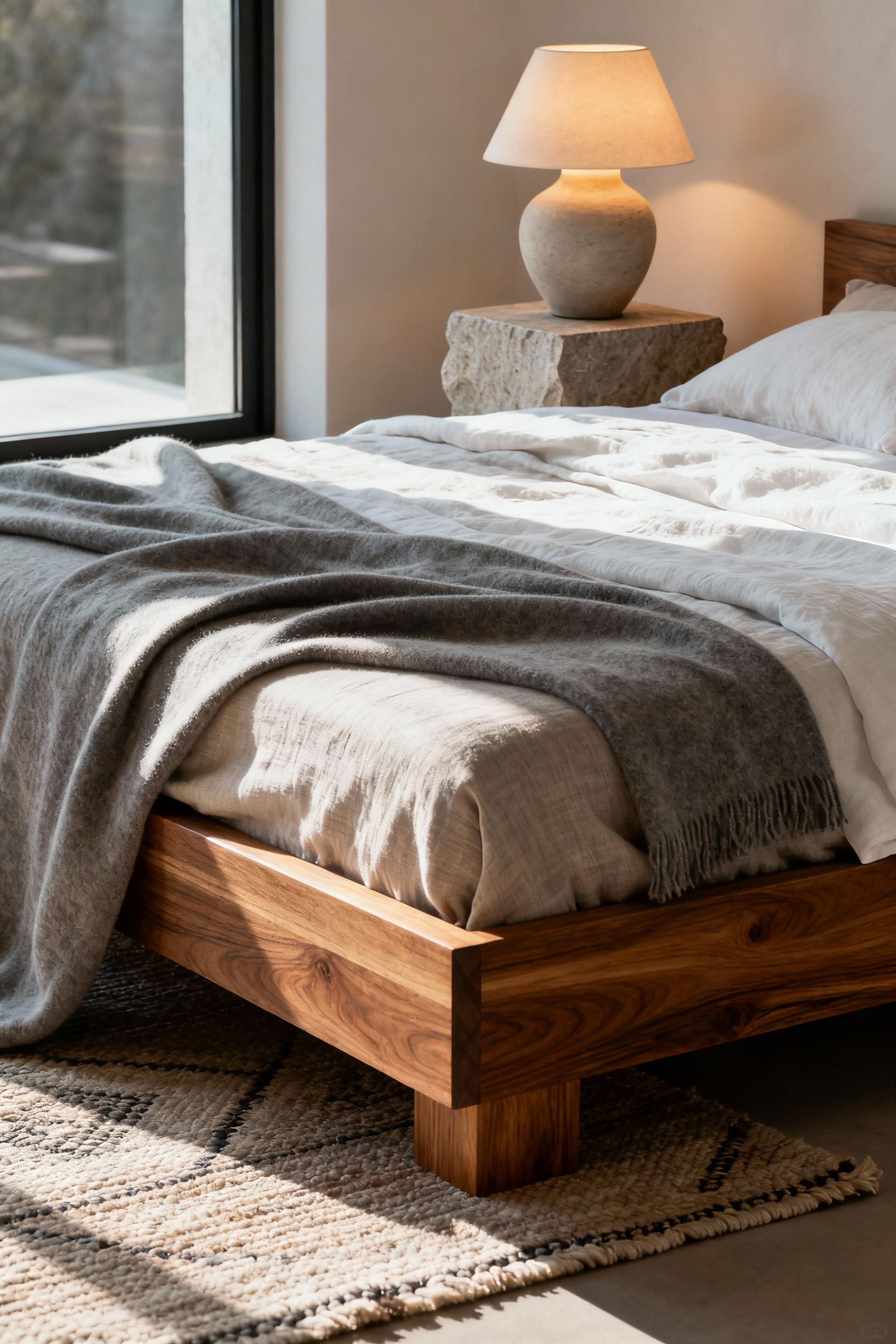 Luxurious bedroom showcasing material integrity with a teak wood bed frame, organic linen bedding, and a natural stone nightstand, highlighting fine craftsmanship and serene ambiance.