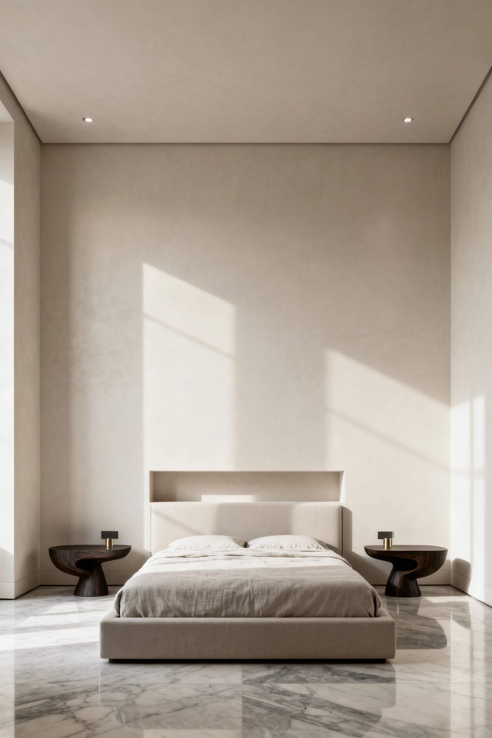 Opulent master bedroom featuring a minimalist bespoke bed and ample negative space on light-toned walls and floor, conveying serene luxury and visual clarity. Intentional spatial gaps around furniture pieces enhance a sense of calm and expansive design.