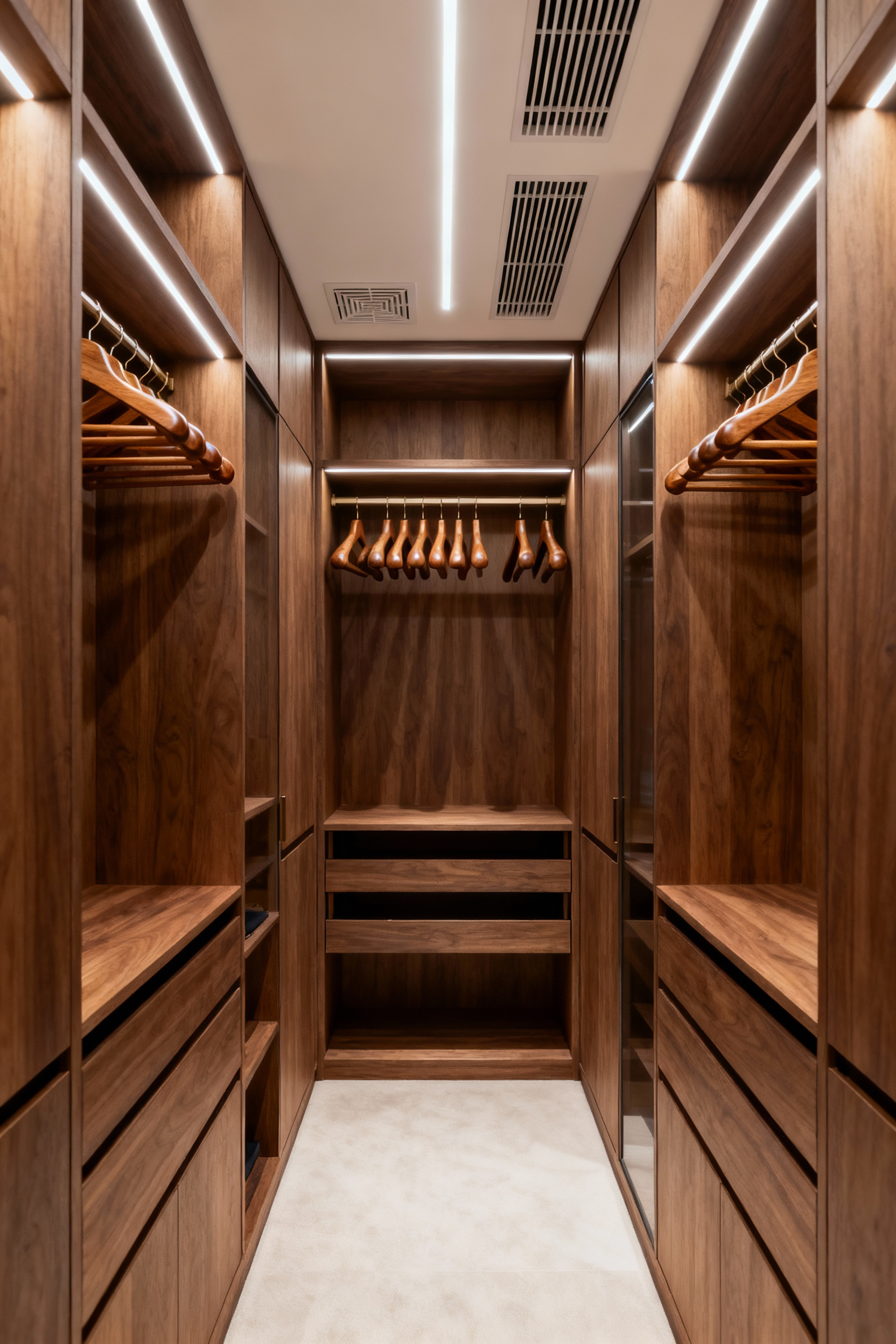 High-end wardrobe interior with intelligent garment preservation system, climate control, bespoke shelving, and soft LED lighting. A luxurious closet designed to protect apparel.