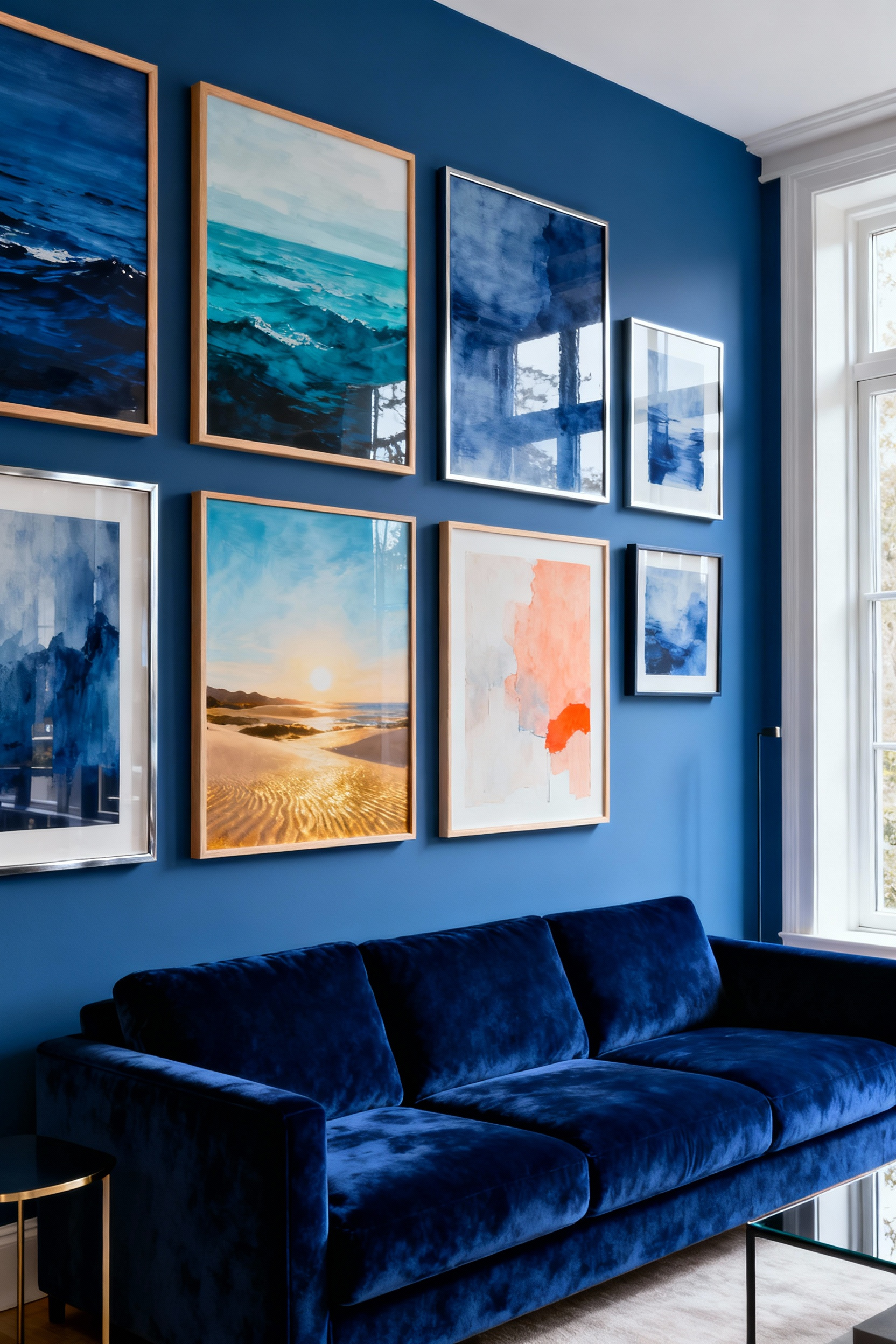 A sophisticated blue living room with a gallery wall featuring curated art pieces that echo and contrast blue tones, including abstract seascapes and a landscape photo with warm golden hues, framed elegantly above a blue velvet sofa, lit by natural light.
