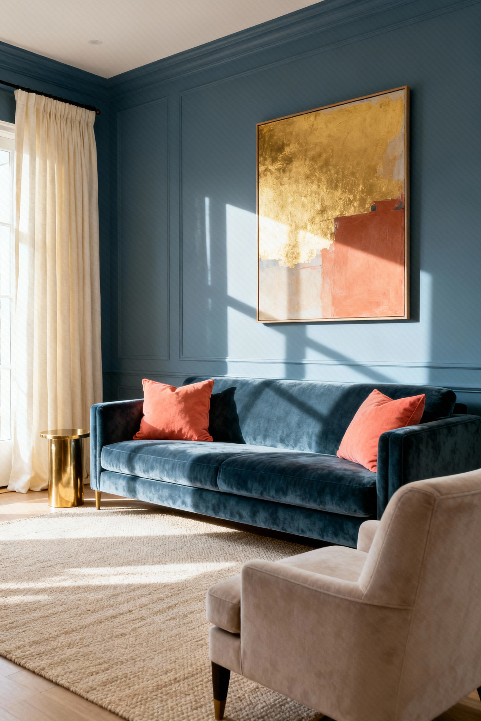 A beautifully balanced blue living room featuring dusty blue walls and a large sofa (60%), complemented by warm cream curtains and a light rug (30%), and accented with vibrant coral pillows and brass decor (10%), showcasing harmonious design principles.