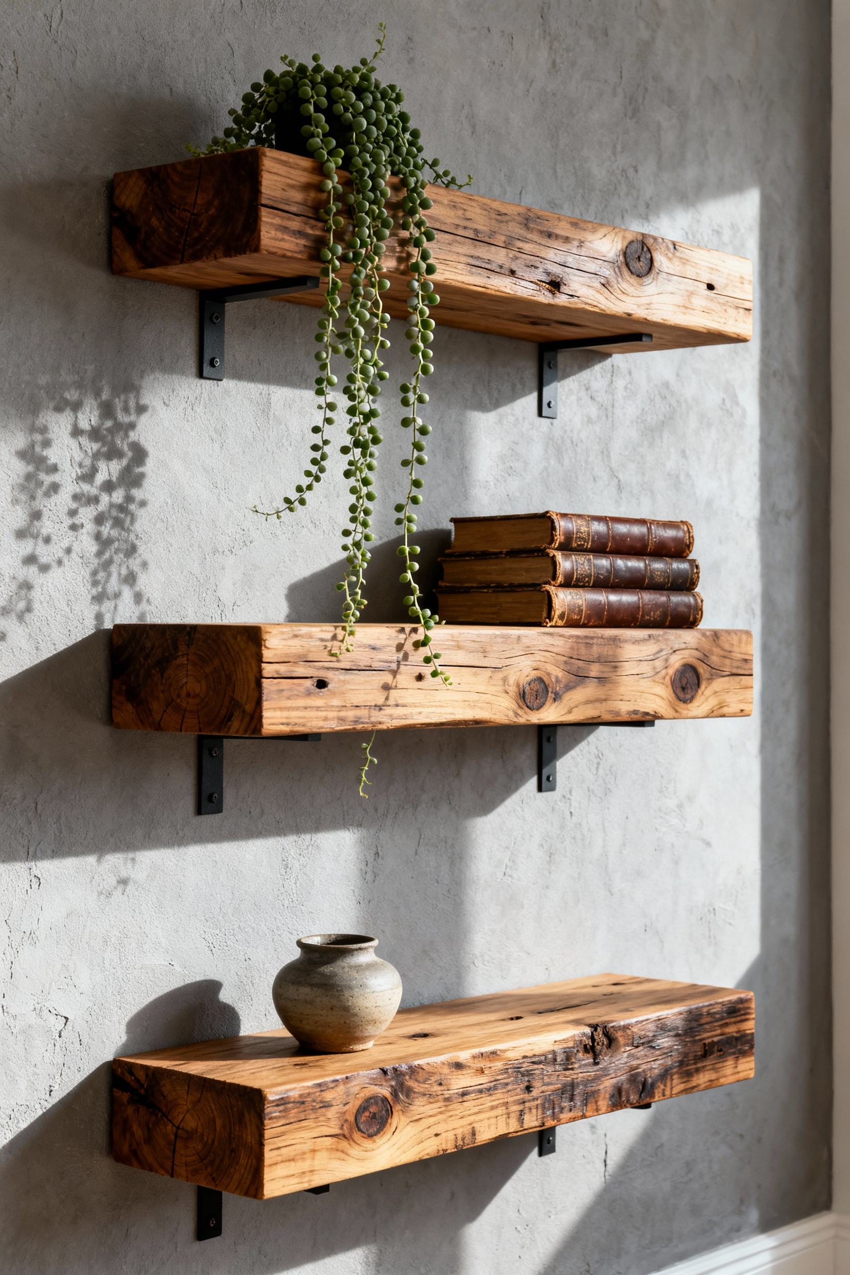 Rustic floating shelves made from reclaimed oak wood styled with trailing plants and neutral hardback books in a bright living room setting.