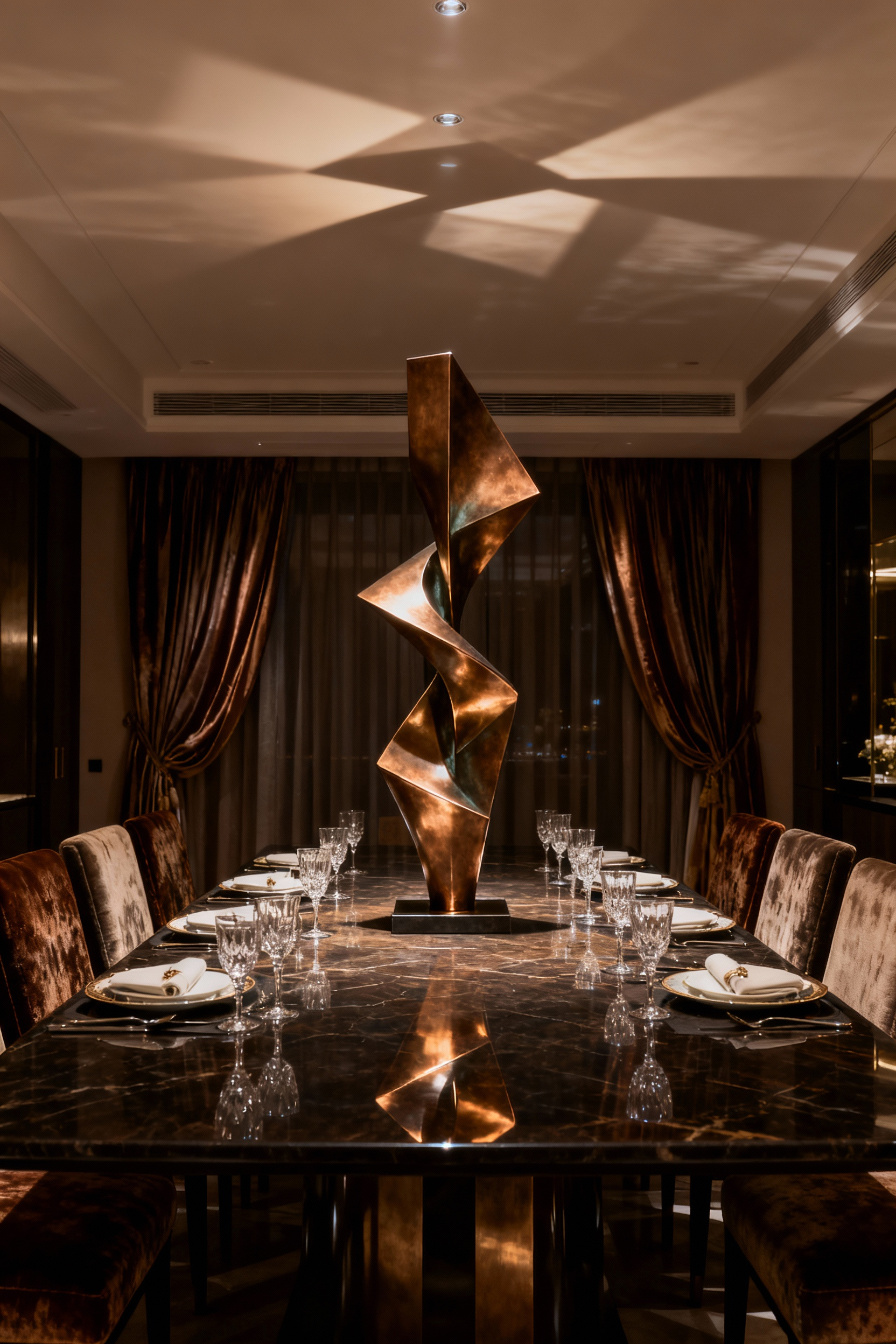 Luxury dining room table featuring an exquisite abstract metal sculpture centerpiece with elegant place settings and sophisticated decor, showcasing sculptural centerpieces.