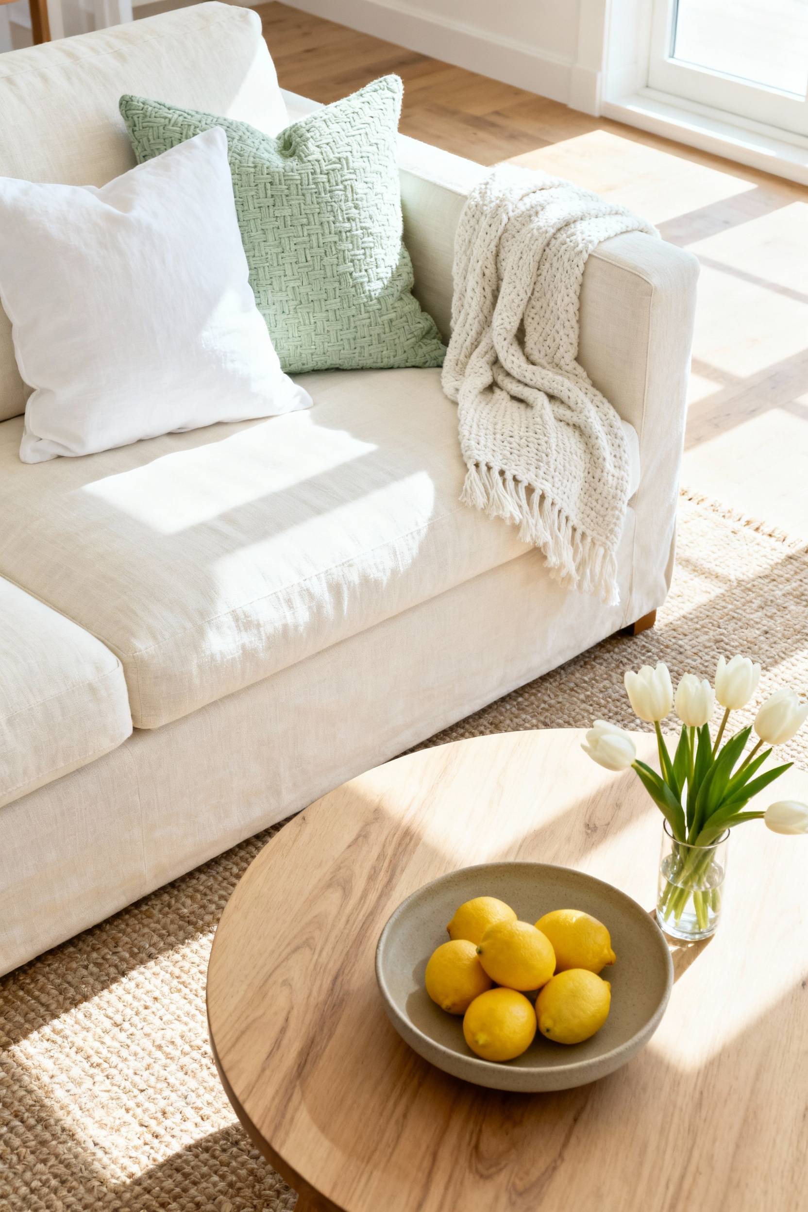 A bright, airy living room corner featuring light linen sofa textiles and seasonal accents on a coffee table, including lemons and white tulips, representing a seasonal decor shift.