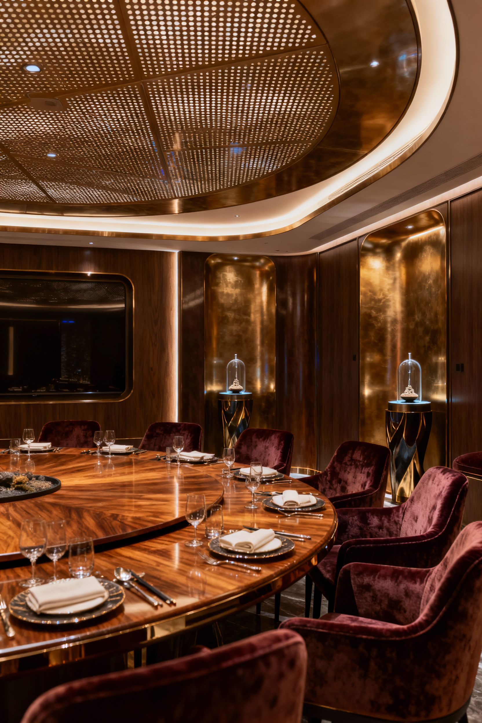 A luxurious dining room interior showcasing an elegant table setting and sophisticated decor, subtly designed to incorporate bespoke soundscapes and gentle aromatics for a heightened sensory experience. The ambiance is serene and opulent, with no visible tech.