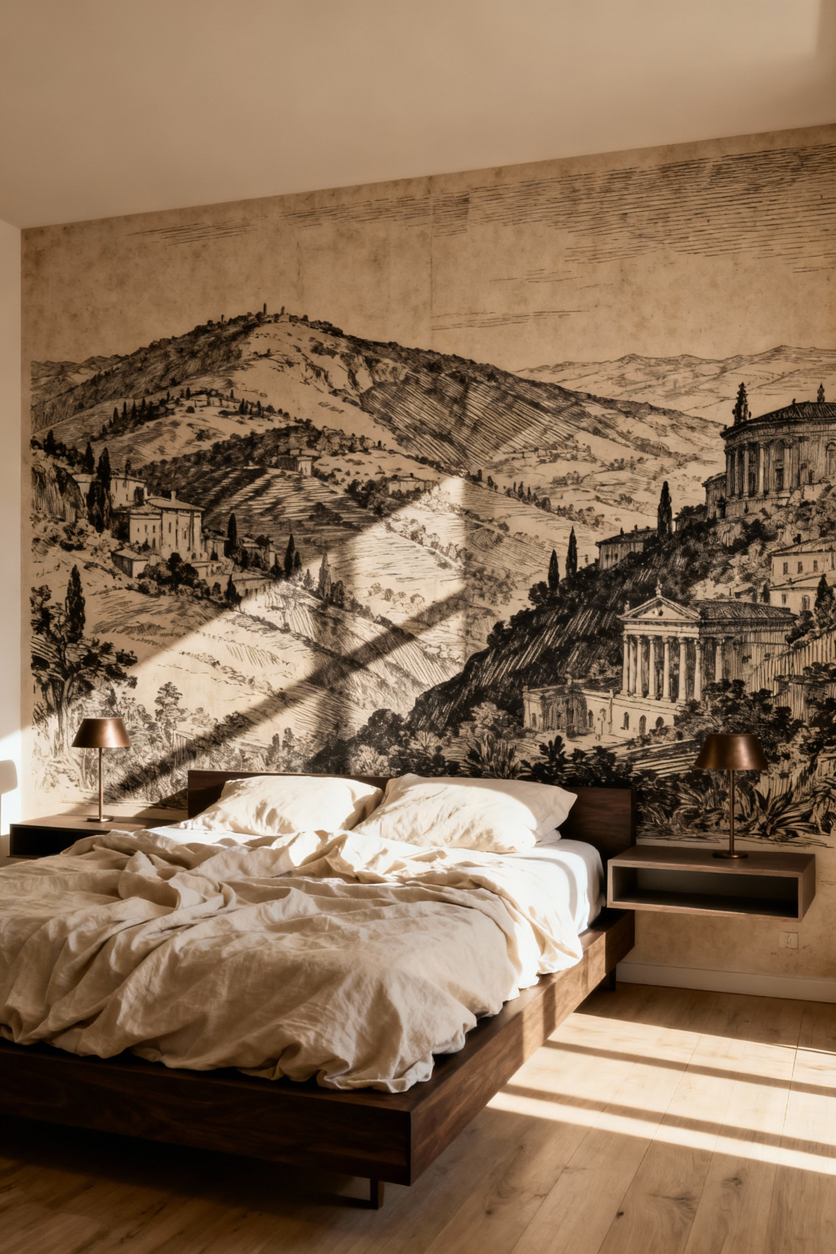 A photograph of a sophisticated bedroom featuring a large sepia-toned landscape etching mural behind the bed, giving the space a vintage and grounded aesthetic.