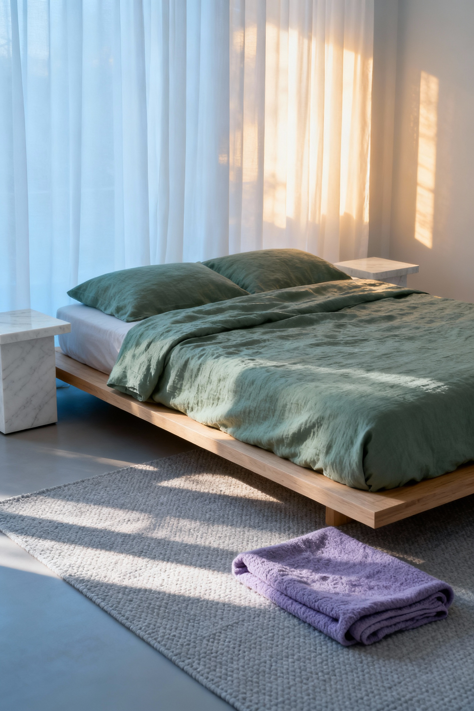 A serene, cool-toned bedroom featuring desaturated soft blue walls and sage green bedding, embodying a peaceful, low-stress aesthetic for restful refuge.
