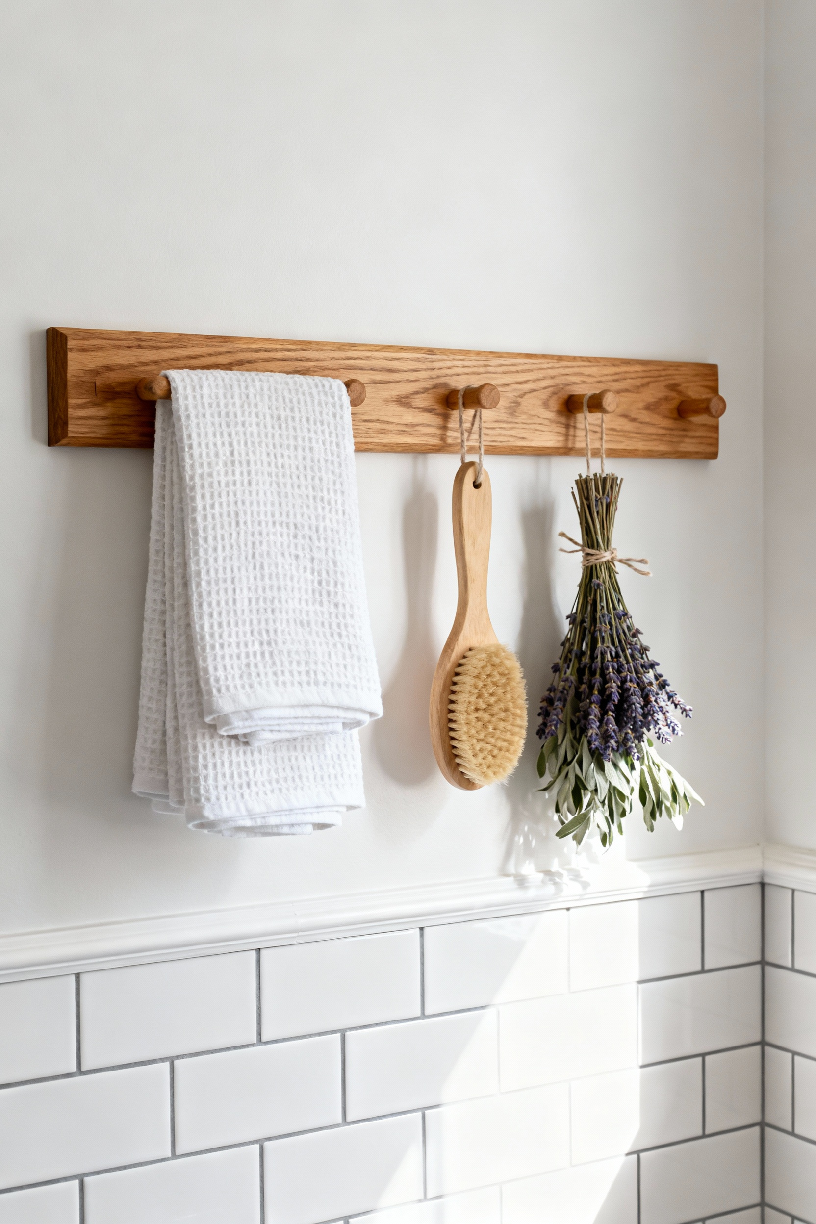 Shaker peg rail installed at wainscot height in a small bathroom displaying dried herbs, a wooden brush, and towels, demonstrating vertical storage maximization for a budget remodel.