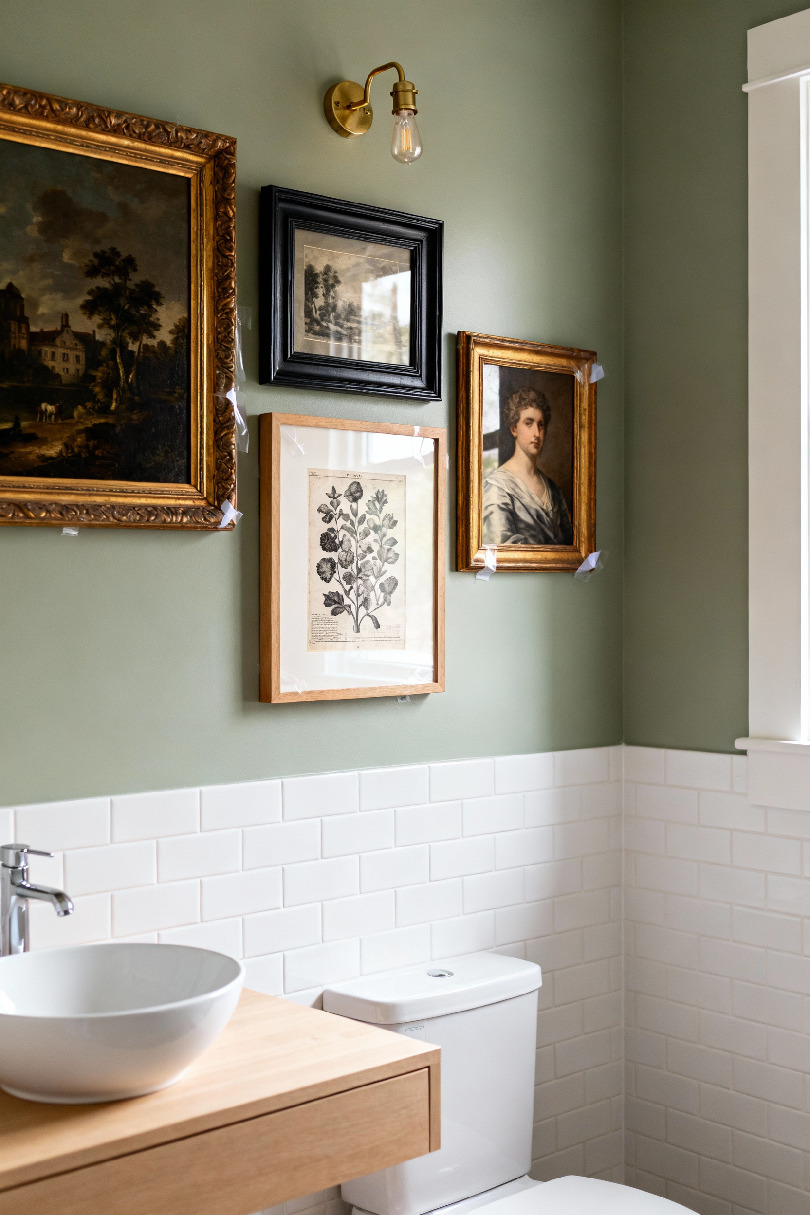 A photograph of a small, budget-friendly bathroom remodel featuring a sage green wall and a curated gallery wall of three framed vintage art prints (oil painting replica, etching, and portrait) above a floating wood vanity.