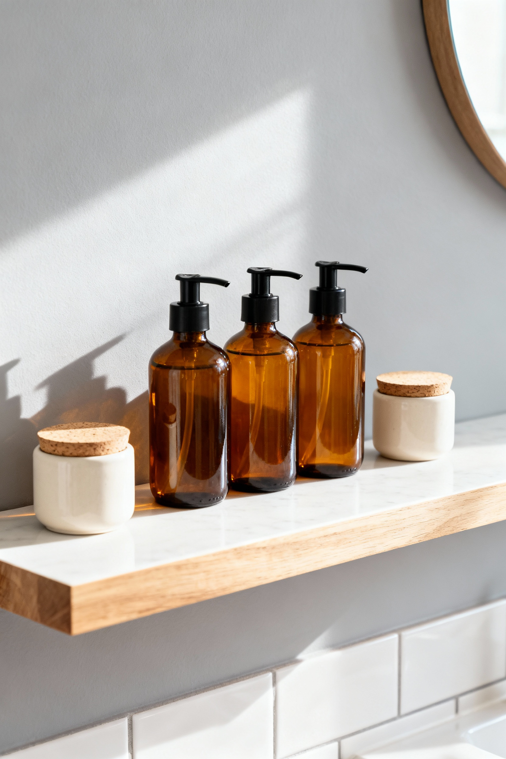 Small bathroom vanity featuring matching amber glass and ceramic vessels for decanted soaps and lotions to reduce visual clutter.
