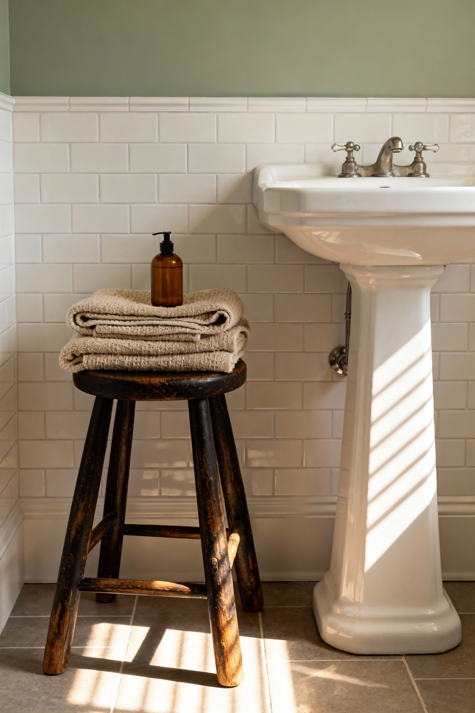 Small, budget-remodel bathroom featuring a vintage wooden milking stool beside a white pedestal sink, holding folded towels, demonstrating how to integrate living room furniture into a utilitarian space for added warmth and storage.