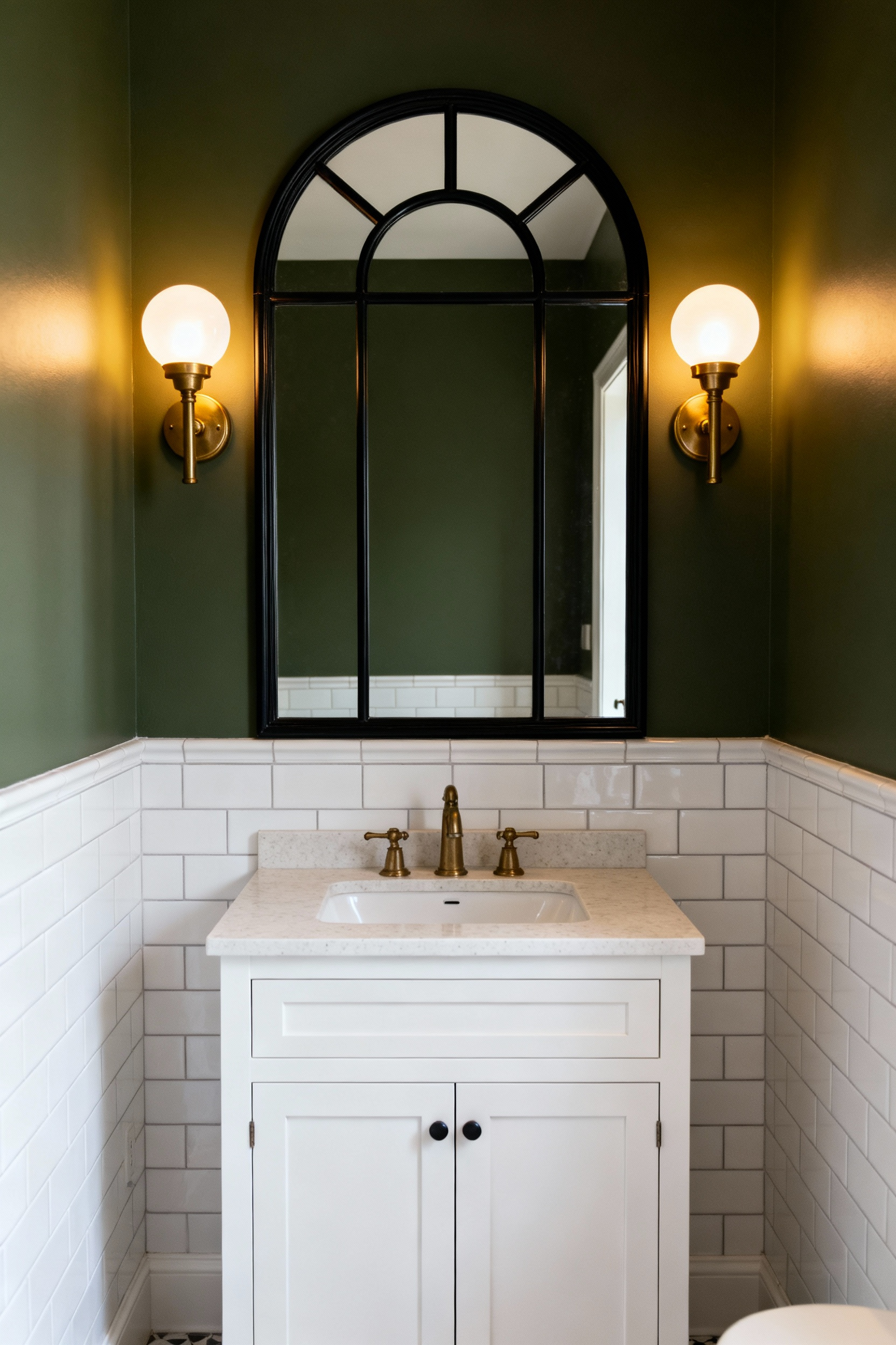 Detailed view of a small bathroom vanity featuring a black arched mirror flanked by two vintage brass globe wall sconces casting soft, warm light.