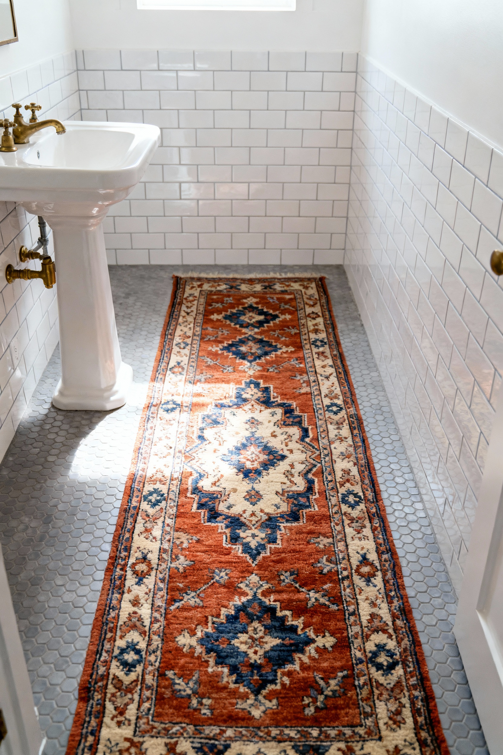 A brightly lit, narrow small bathroom remodel featuring white subway tile walls and a long, vintage Turkish Oushak runner placed centrally to visually elongate the space. The textile swap adds rich texture.