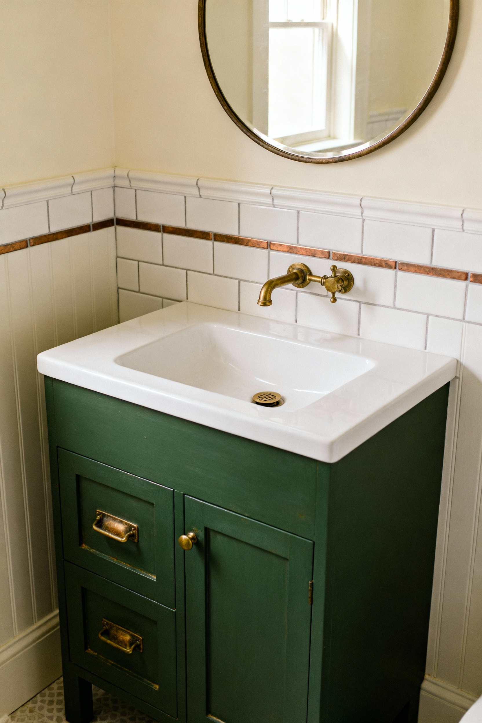 Small bathroom vanity featuring unlacquered brass fixtures and drawer pulls against white subway tile, demonstrating how warm metals instantly introduce age and warmth.