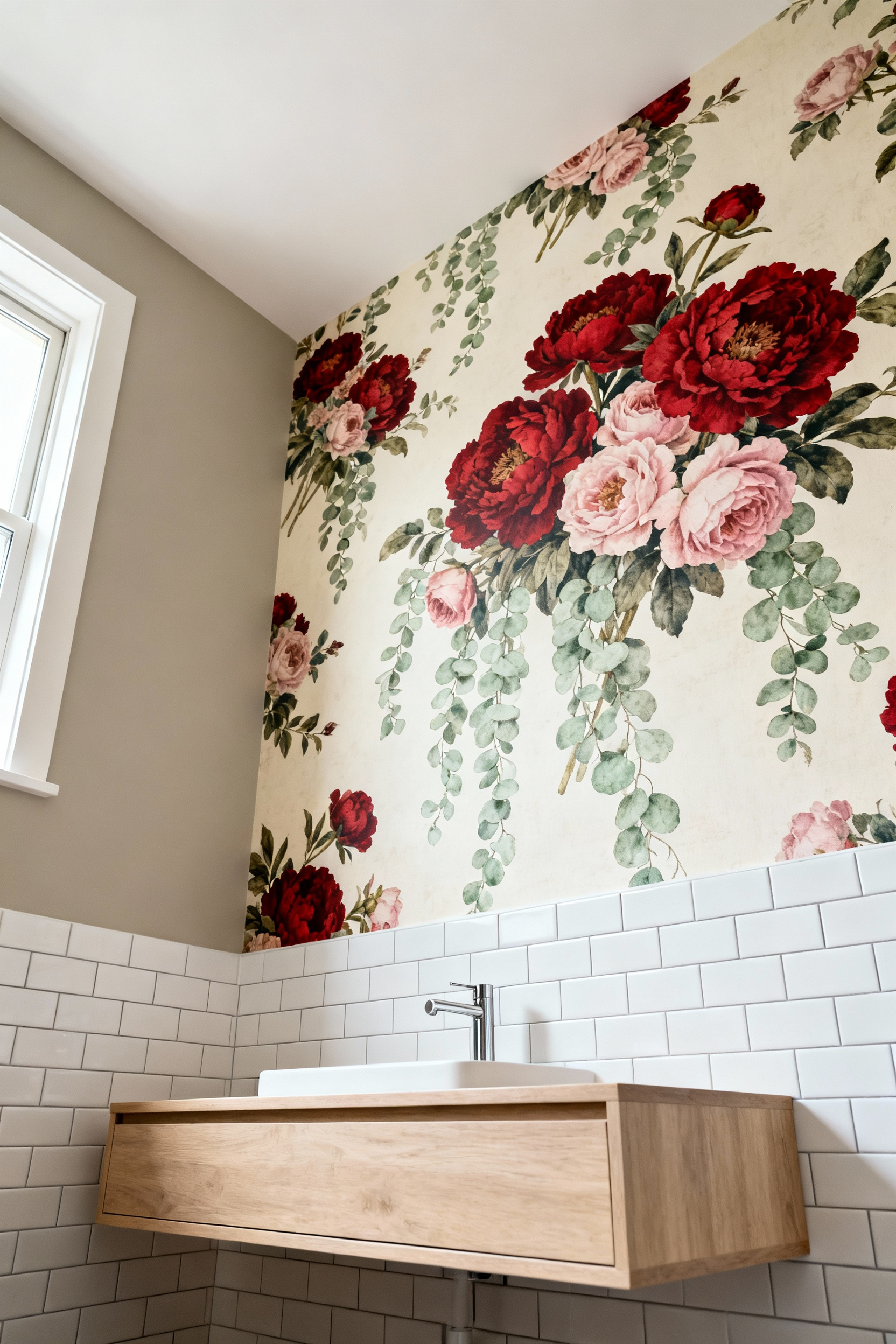 A small bathroom with neutral walls and a simple vanity, featuring a dramatic vintage floral wallpaper applied solely to the ceiling to draw the eye upward and create an illusion of height.
