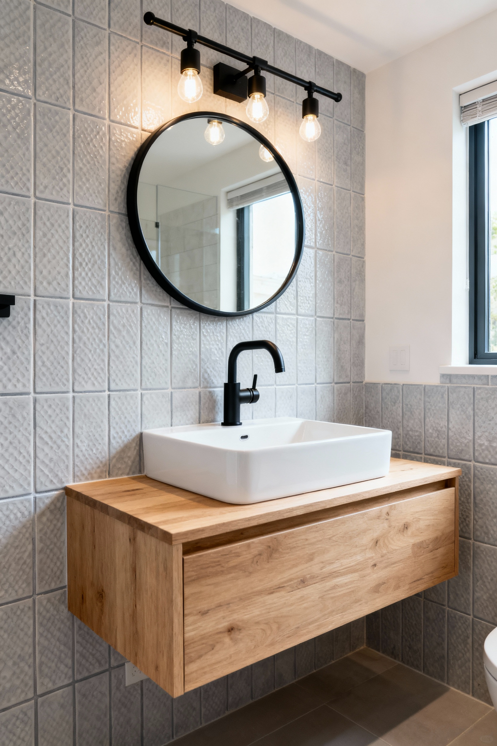 A small, budget-remodel bathroom featuring a light oak floating vanity, a white sink, and modern matte black faucet and light fixtures against a grey subway tile wall, demonstrating high visual return on investment.