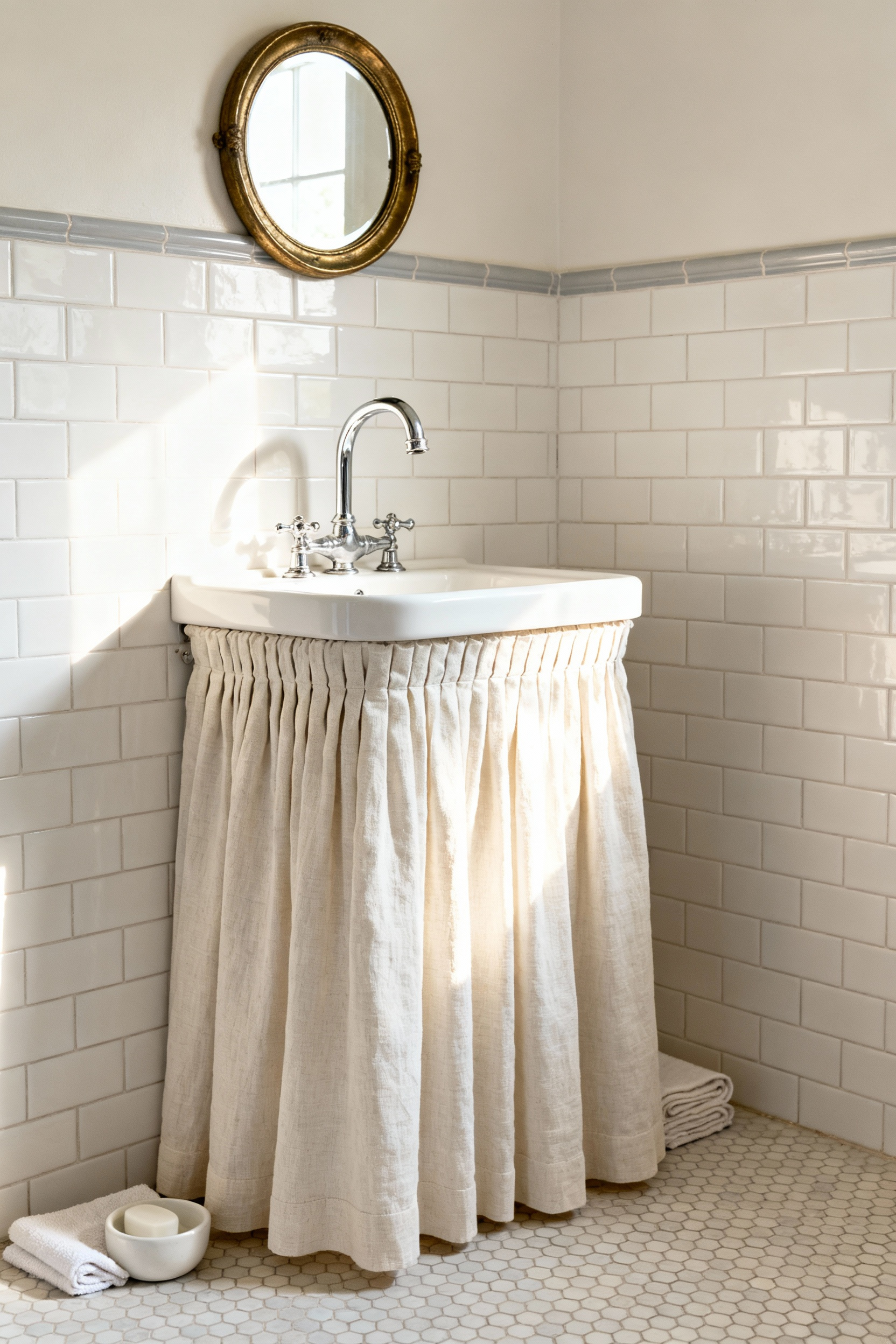 A bright, small bathroom featuring a budget remodel solution: a tailored, pleated off-white linen skirt concealing a wall-mounted sink and providing hidden storage.