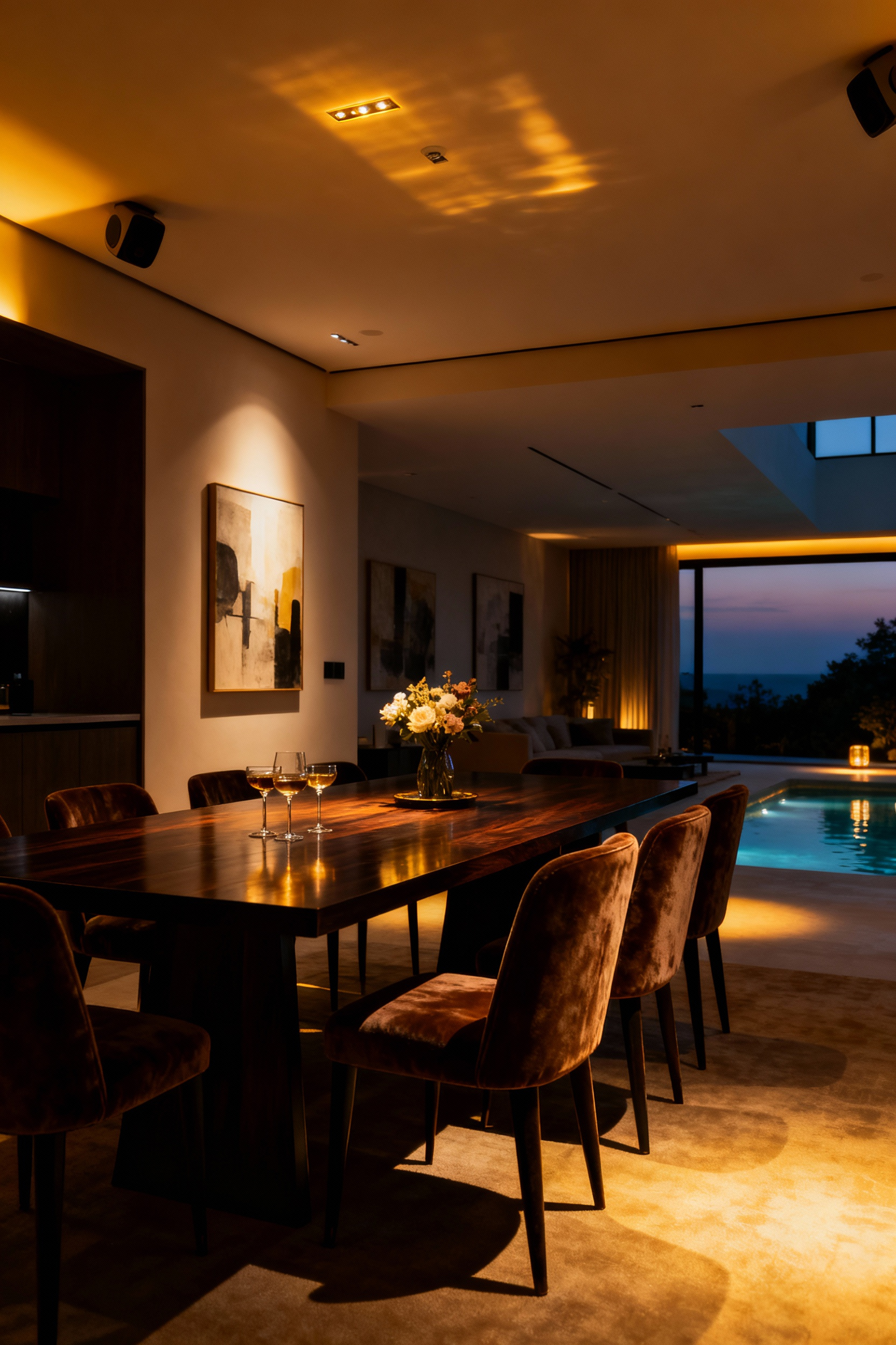 A luxurious dining room with warm, adaptive lighting showcasing smart home automation for seamless ambiance transitions.