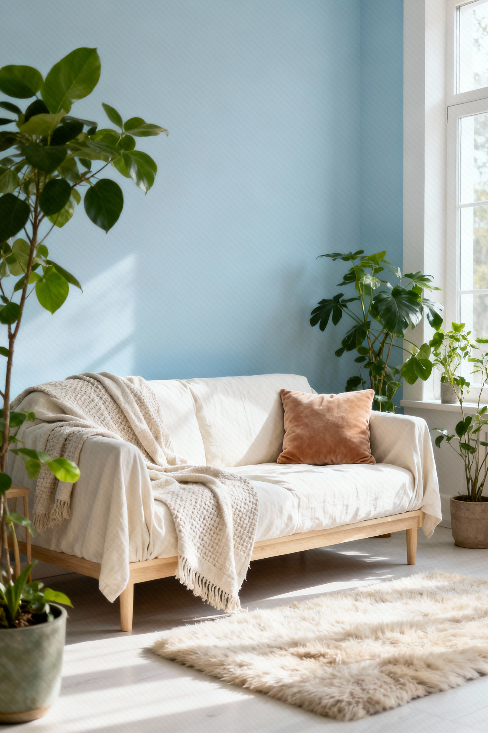 A peaceful living room with soft sky blue walls, light wood furniture, a cream sofa with textiles, and plants, enhancing a serene and spacious atmosphere.