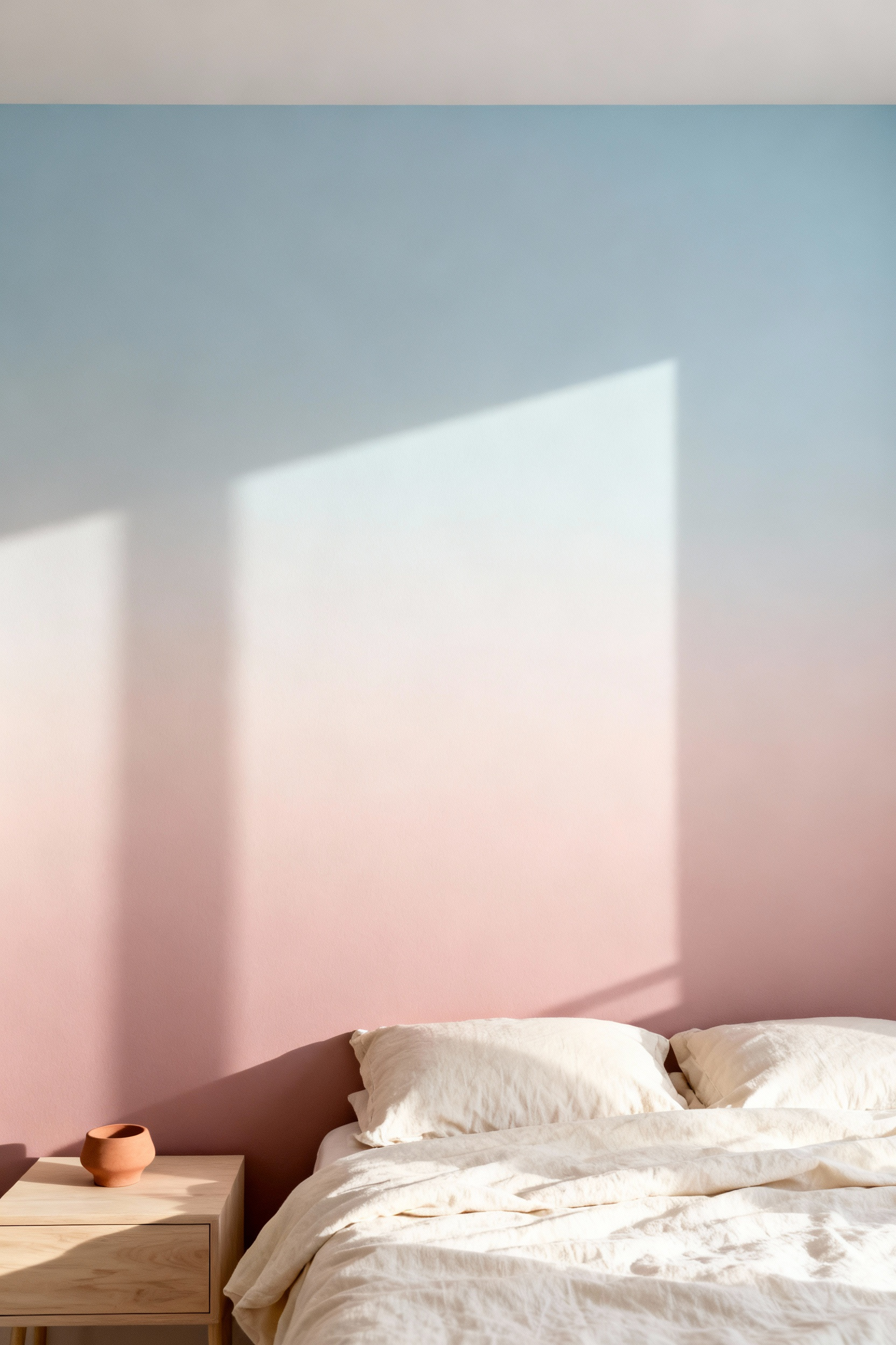 A minimalist bedroom featuring an accent wall covered in a soft blush ombre wallpaper that transitions from dusty rose to pale blue, simulating the gentle colors of dawn.