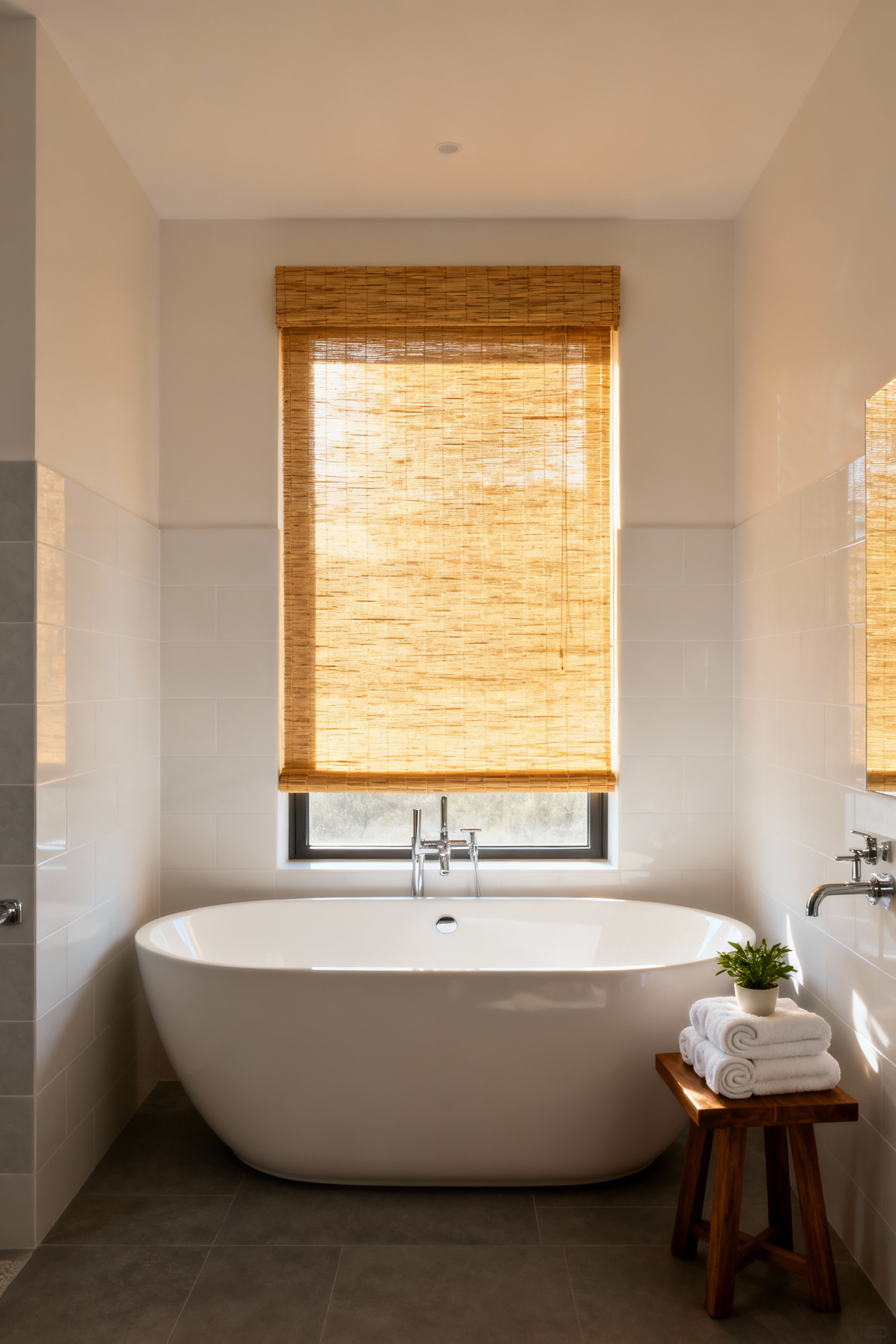 Minimalist bathroom featuring natural woven bamboo window shades filtering sunlight into a warm, golden glow above a white freestanding soaking tub.