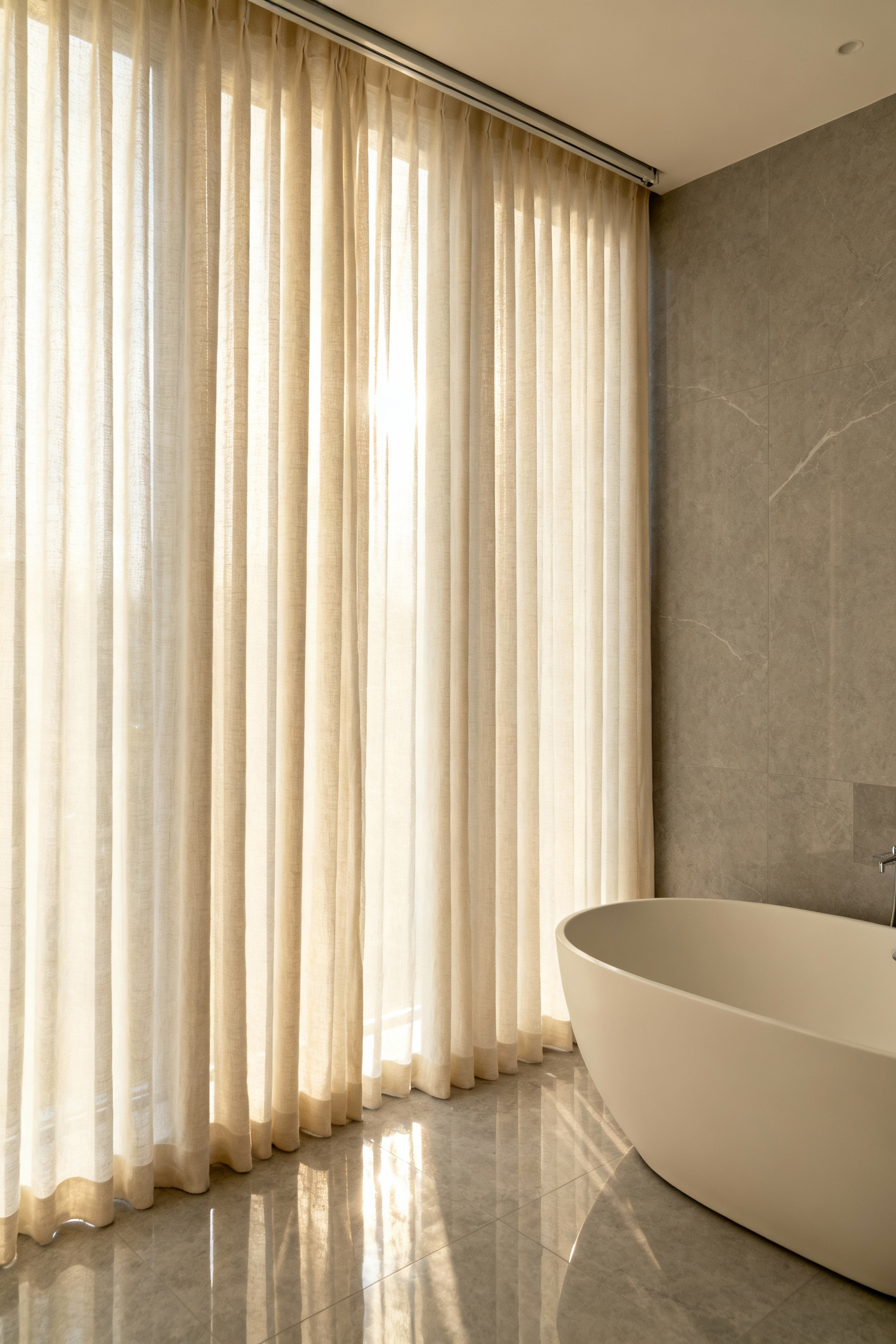 Floor-to-ceiling ivory linen drapes used as elegant bathroom window treatments next to a white freestanding bathtub in a luxurious master suite.