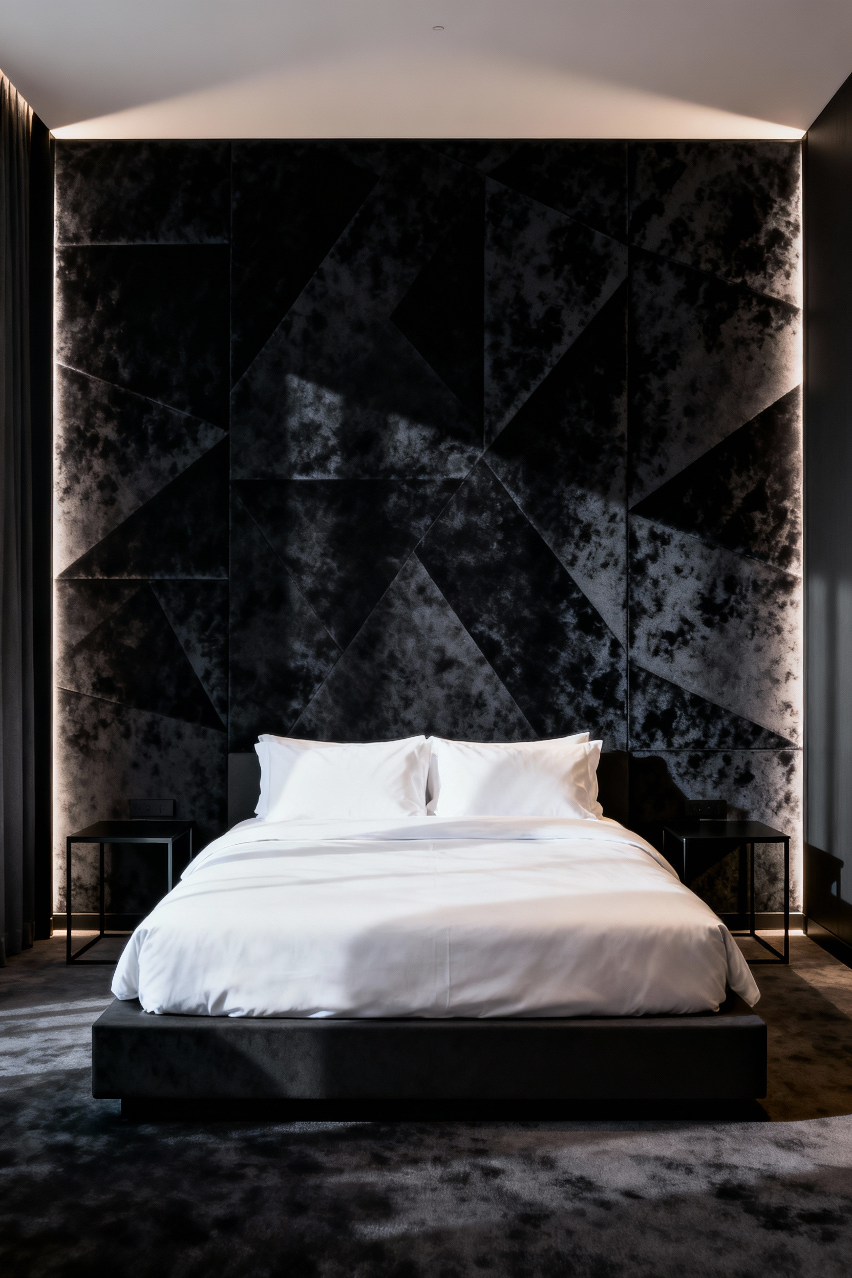Modern bedroom featuring a luxurious charcoal tone-on-tone velvet flocking accent wall that uses directional light to create textural depth and a sophisticated aesthetic.