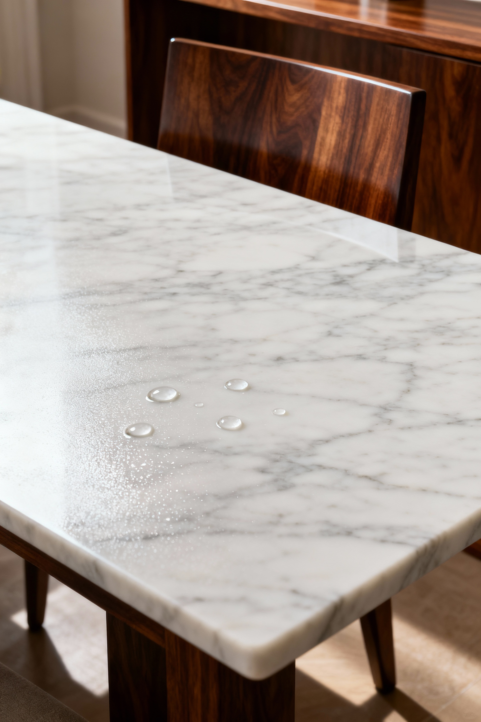 Pristine Carrara marble dining table top showing water beading on an invisible protective coating, next to a rich European walnut wood surface with a protective sheen, illustrating luxury surface preservation.
