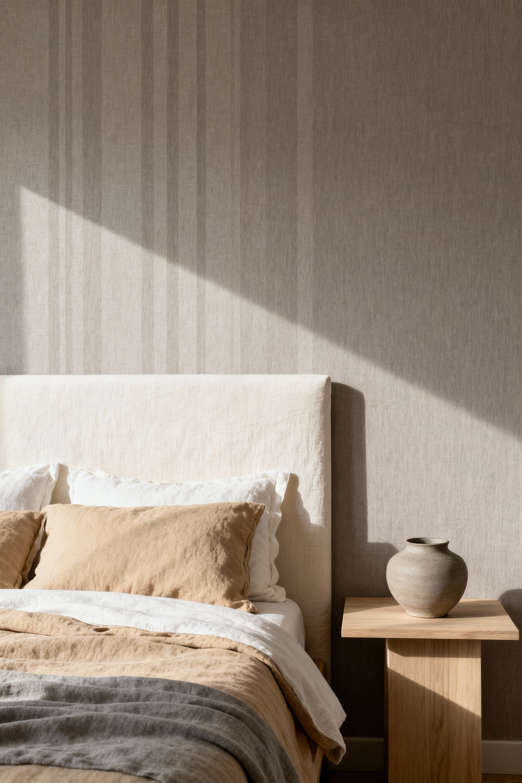 Serene bedroom featuring a soft grey-taupe faux linen textured wallpaper, minimalist ivory headboard, and layered neutral bedding, emphasizing a textural silence aesthetic.