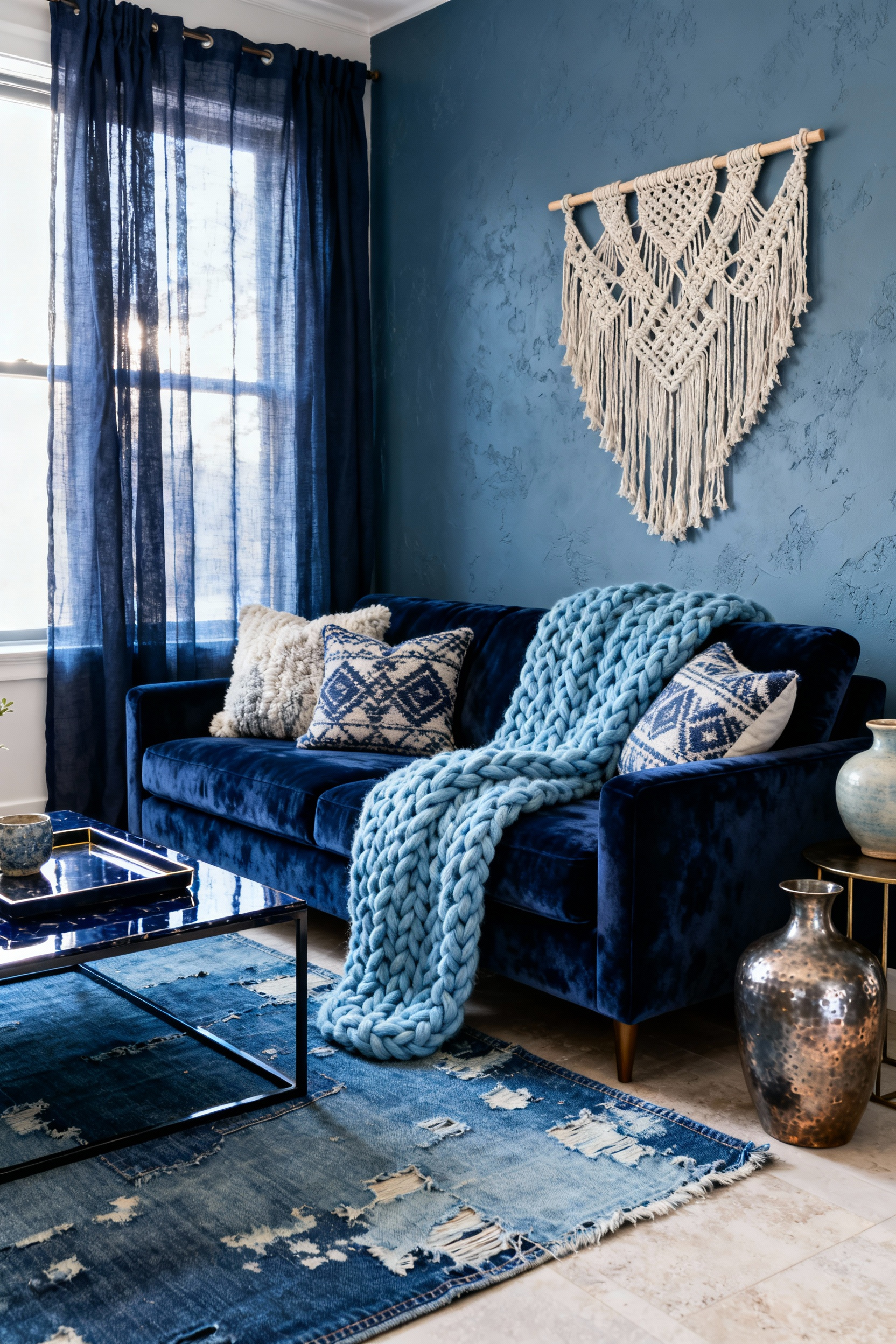 A blue living room featuring a deep indigo velvet sofa, chunky knit blue throws, and sheer linen curtains, showcasing layered textures for visual depth and tactile warmth.