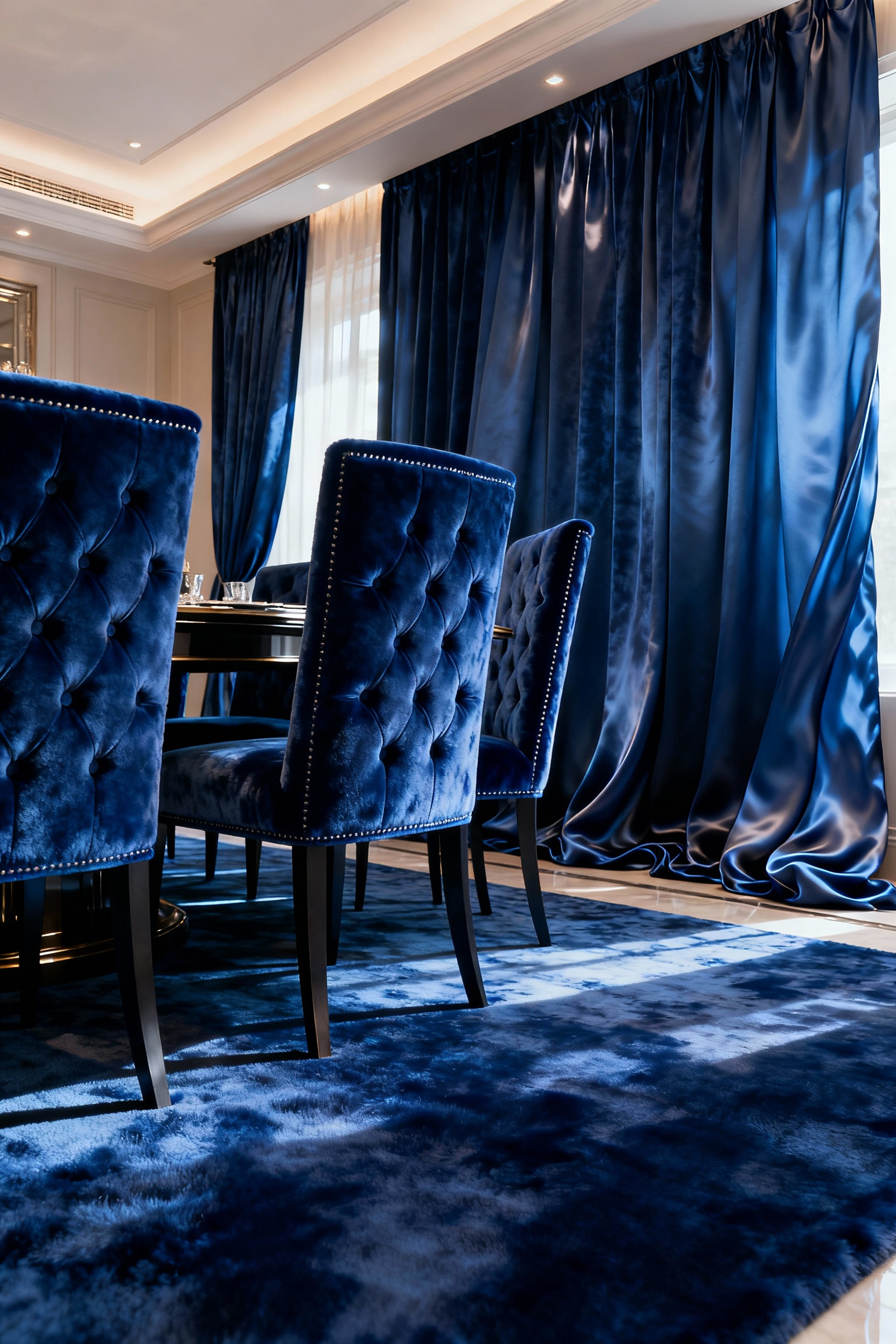 Luxury dining room featuring custom-commissioned dining chairs upholstered in rich sapphire-blue velvet with deep button tufting, paired with elegant unlined Dupioni silk draperies. Soft, curated lighting enhances the sumptuous textures and opulent atmosphere.