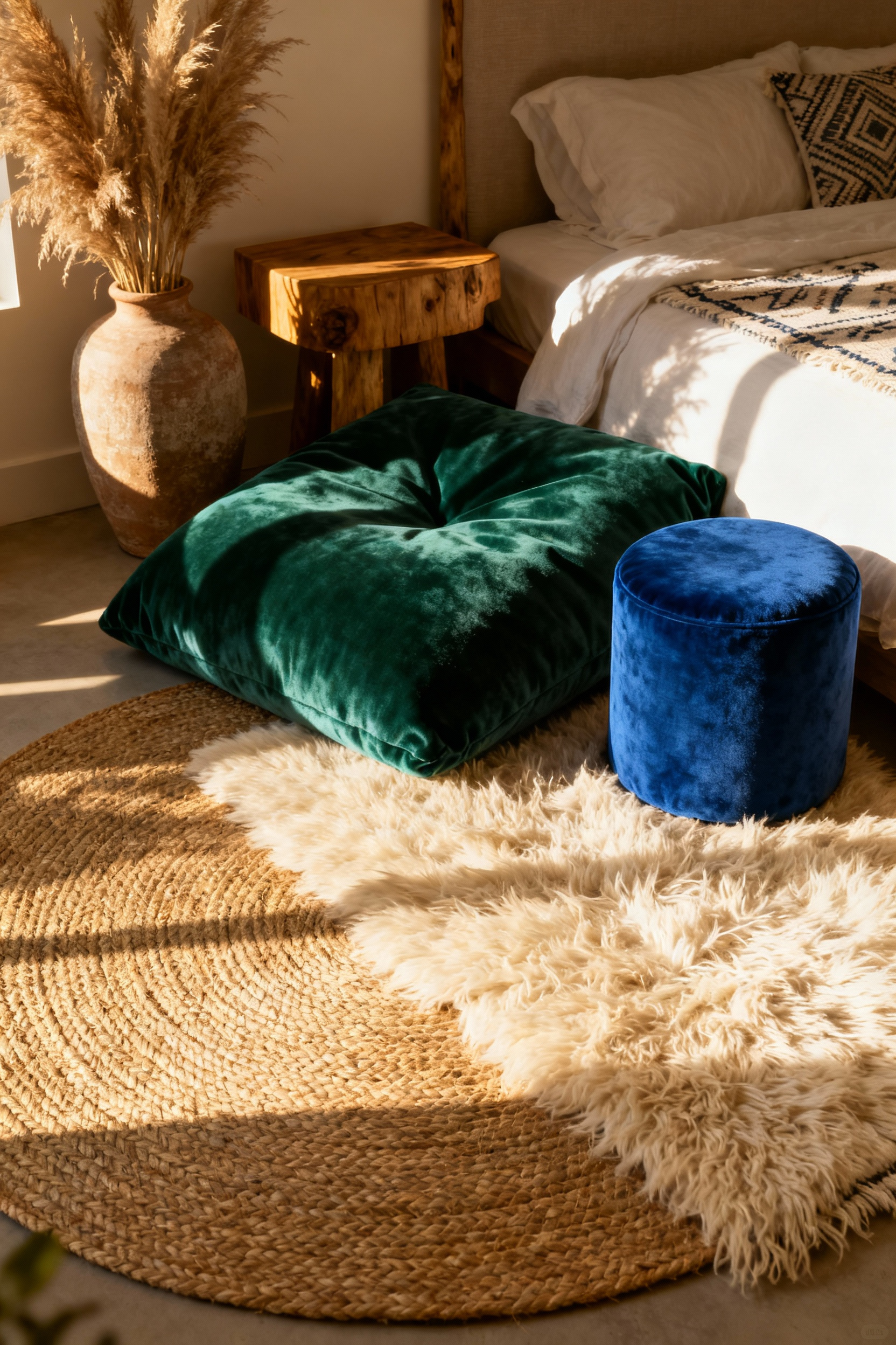 Luxurious emerald and sapphire velvet floor poufs anchored on a layered coarse jute and thick shag wool rug in a sunlit bohemian bedroom.