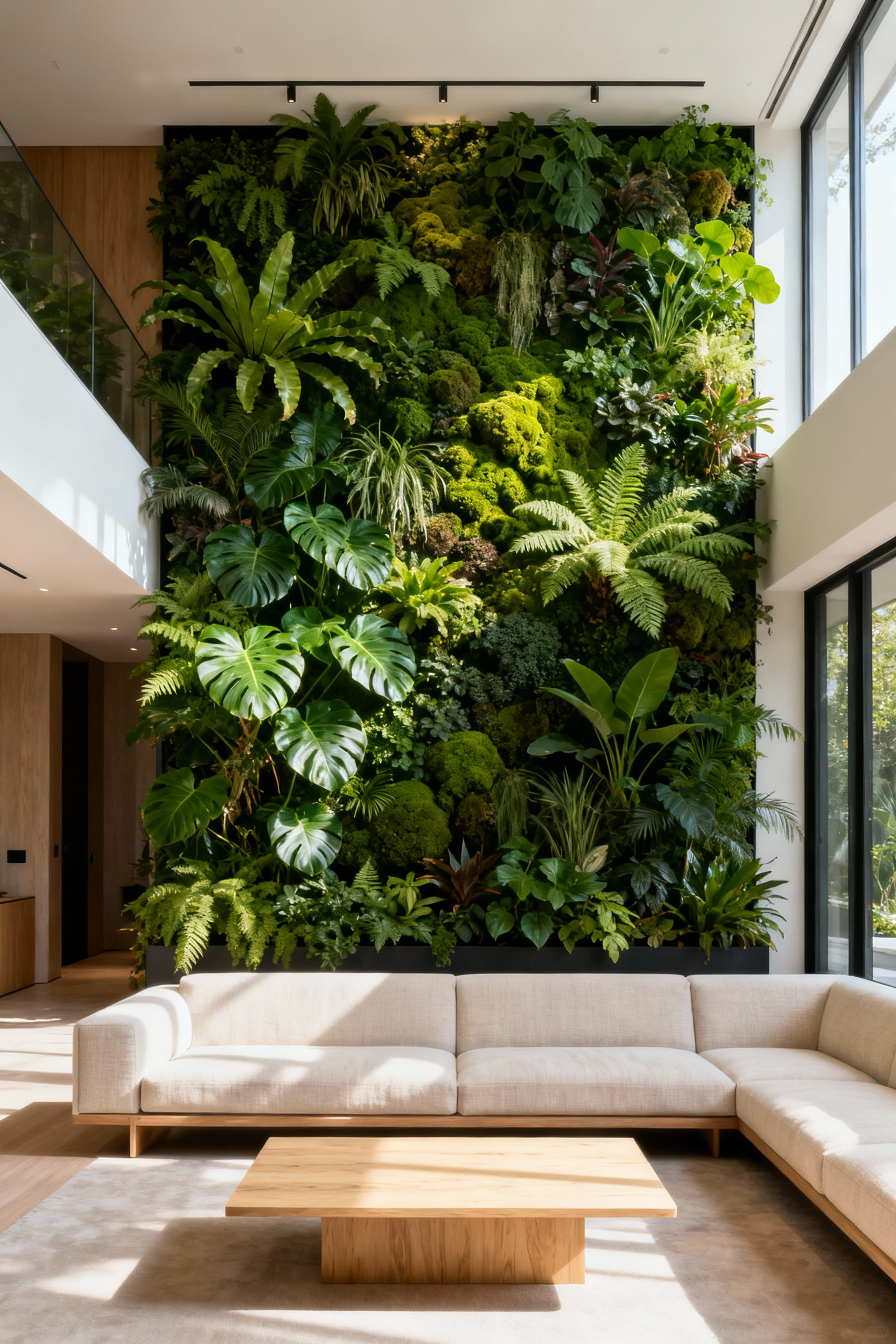 A photograph of a modern living room where a massive, lush vertical indoor garden covers an entire wall, demonstrating powerful biophilic design.