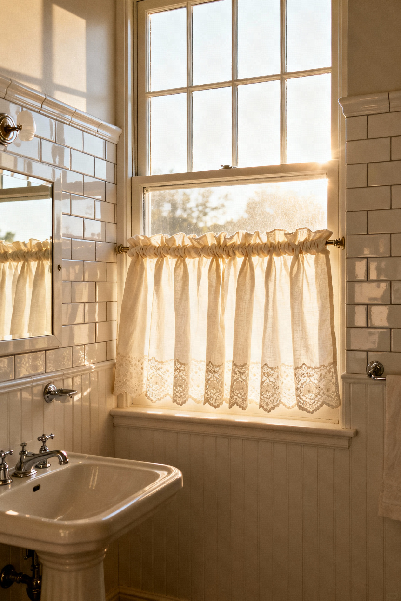 A bright bathroom featuring a white lace cafe curtain covering the lower half of a window above a pedestal sink, providing privacy while softening the hard porcelain and tile surfaces.