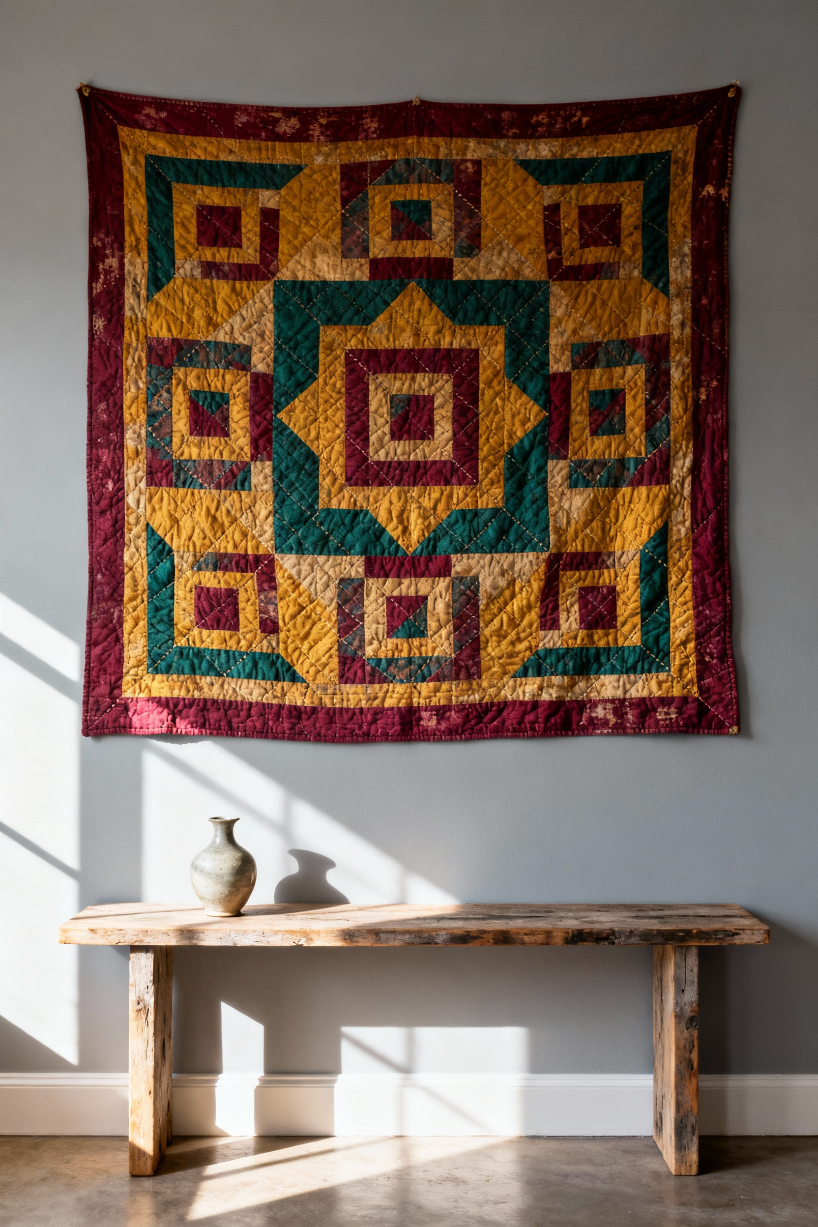 A vintage quilt featuring a geometric pattern in jewel tones is hung professionally on a light gray living room wall, serving as a unique and tactile fine art centerpiece.