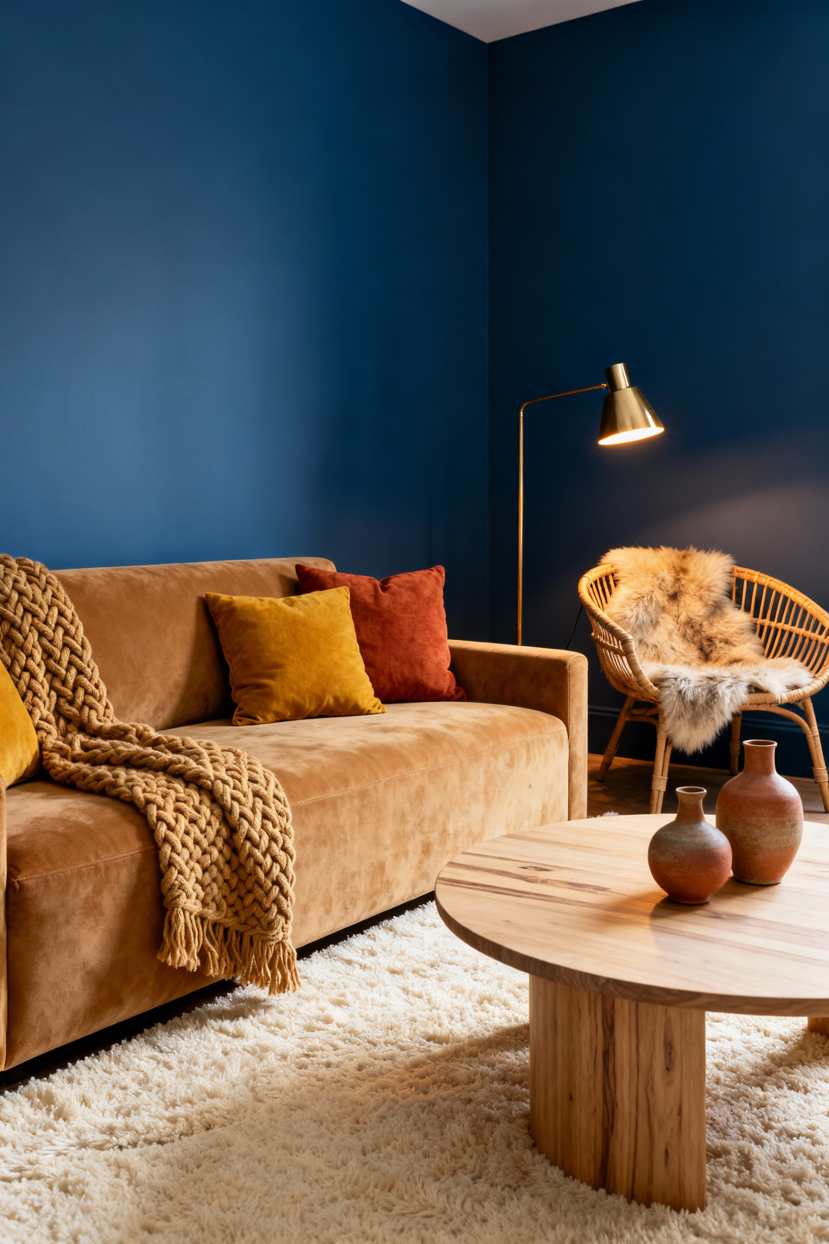A cozy blue living room featuring a camel-colored velvet sofa, natural wood coffee table, and warm-toned accessories like terracotta vases and a brass lamp, demonstrating contrasting elements to add warmth.