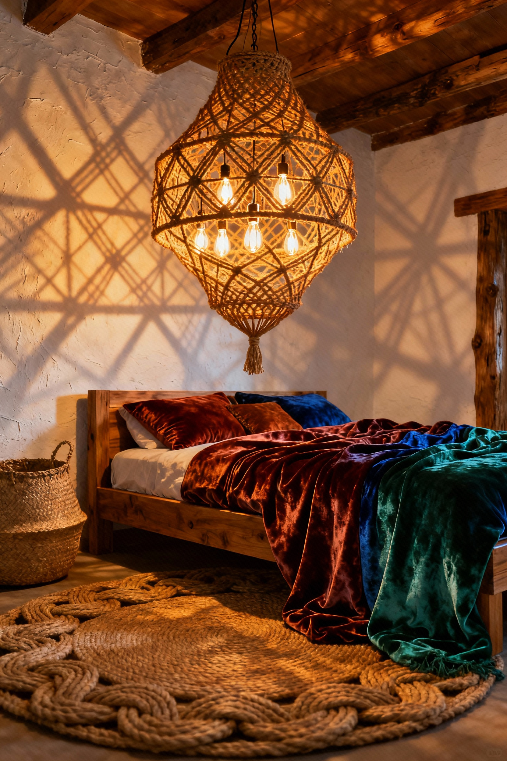 A warm, atmospheric bohemian bedroom featuring a bed layered with rich velvet textiles illuminated by a jute pendant fixture holding amber Edison bulbs that cast intricate shadows across the woven rug and textured walls.