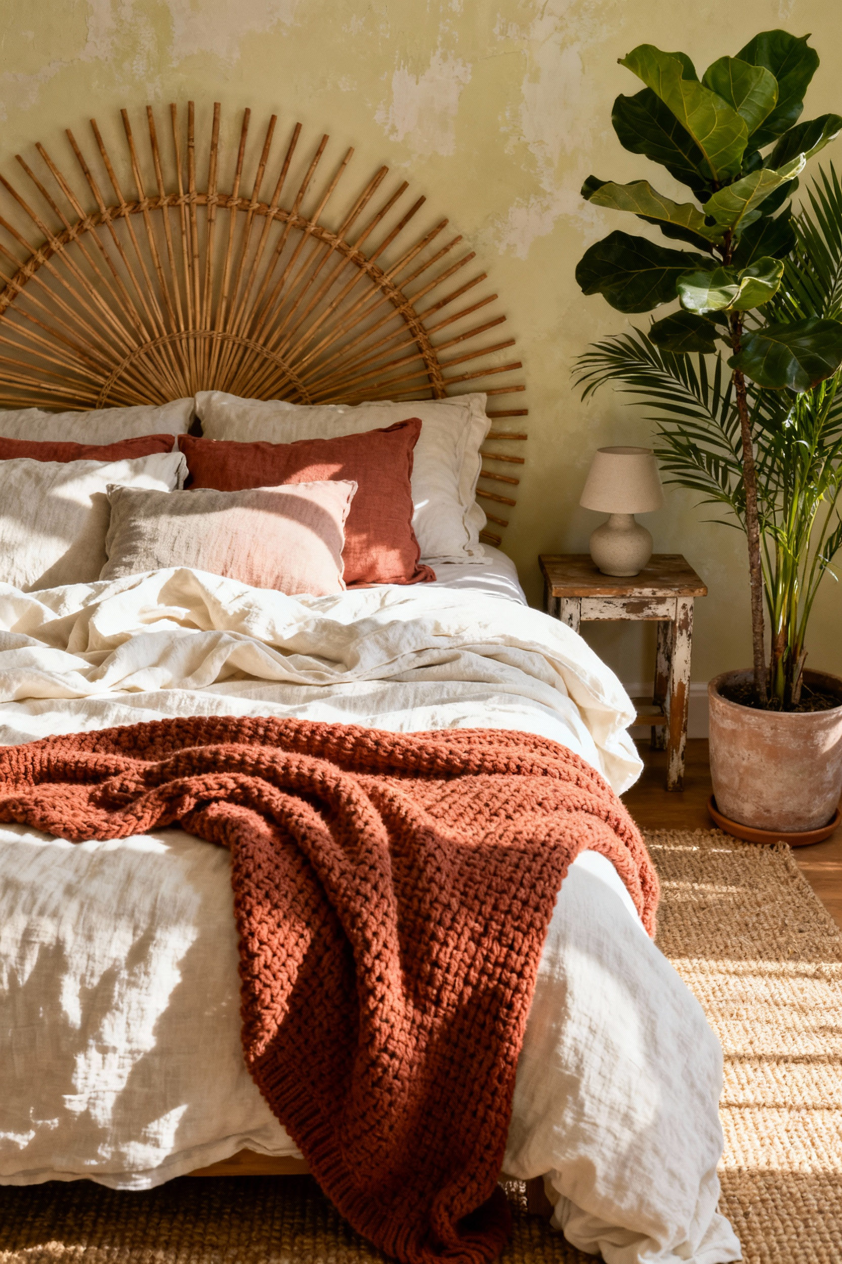 A queen-sized bed styled with a bone-white washed linen duvet featuring a perfectly rumpled texture, characteristic of effortless bohemian bedroom design, illuminated by soft morning light.